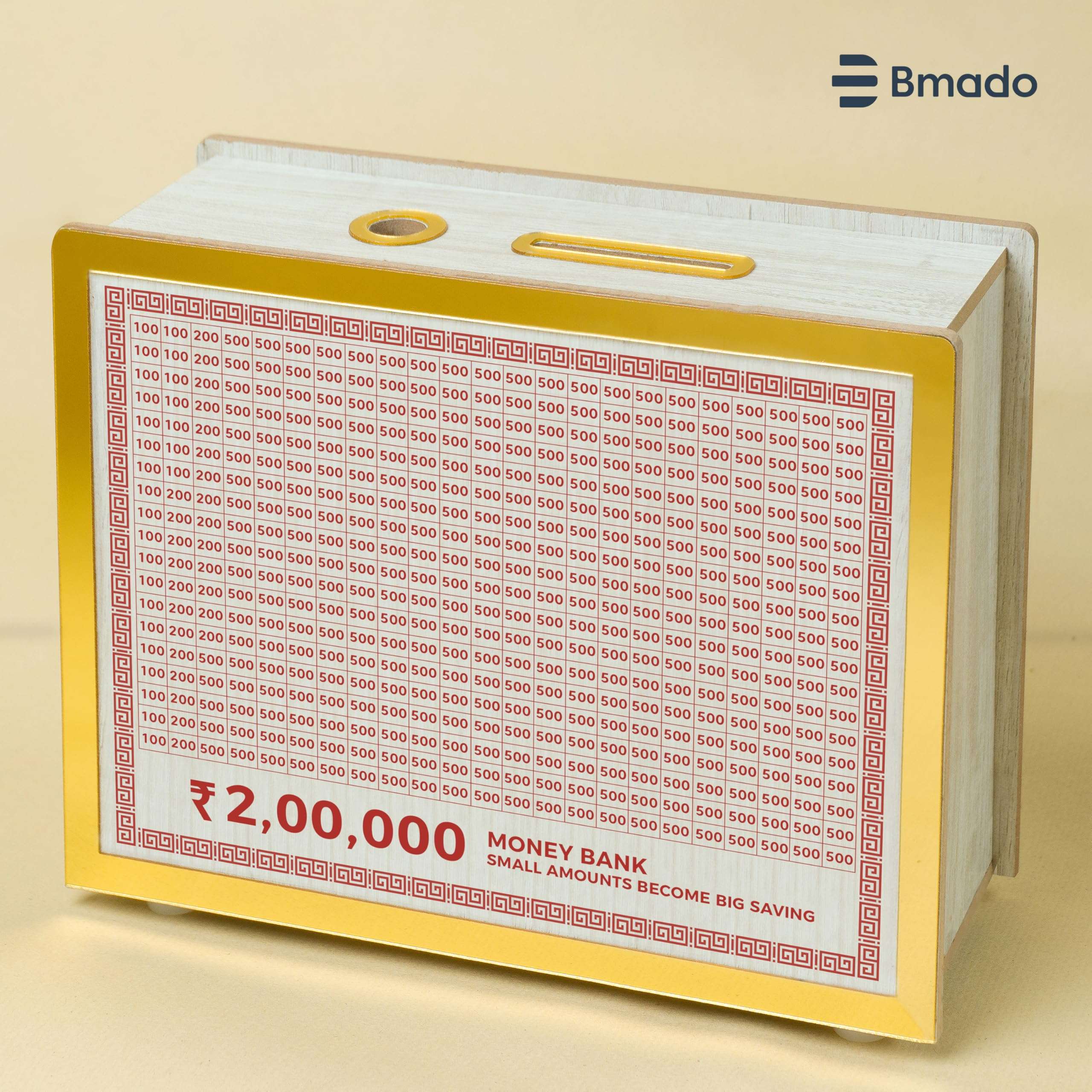 Bmado Wooden Money Bank | Laminated Secure Saver Box | Secure Your Money from Mold | Writable with Any Pen | 2 Lakh Savings Piggy Bank for Kids & Adults 3