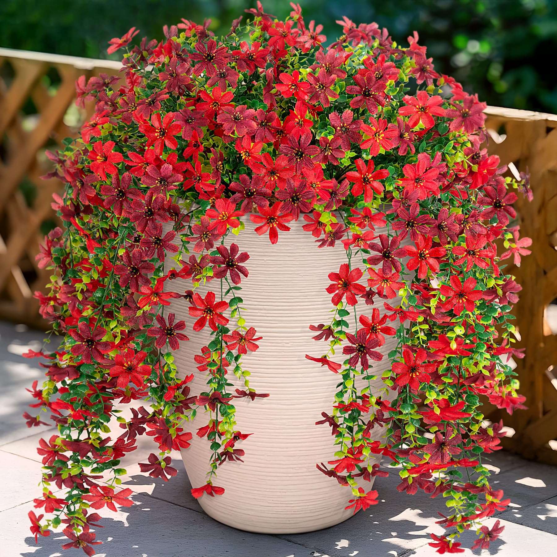 Artificial Hanging Flowers Outdoor Spring Decoration, Fake Hanging Vine Plants UV Resistant, Faux Daisy Flower Eucalyptus for Outside Home Indoor Porch, Red Brown 1