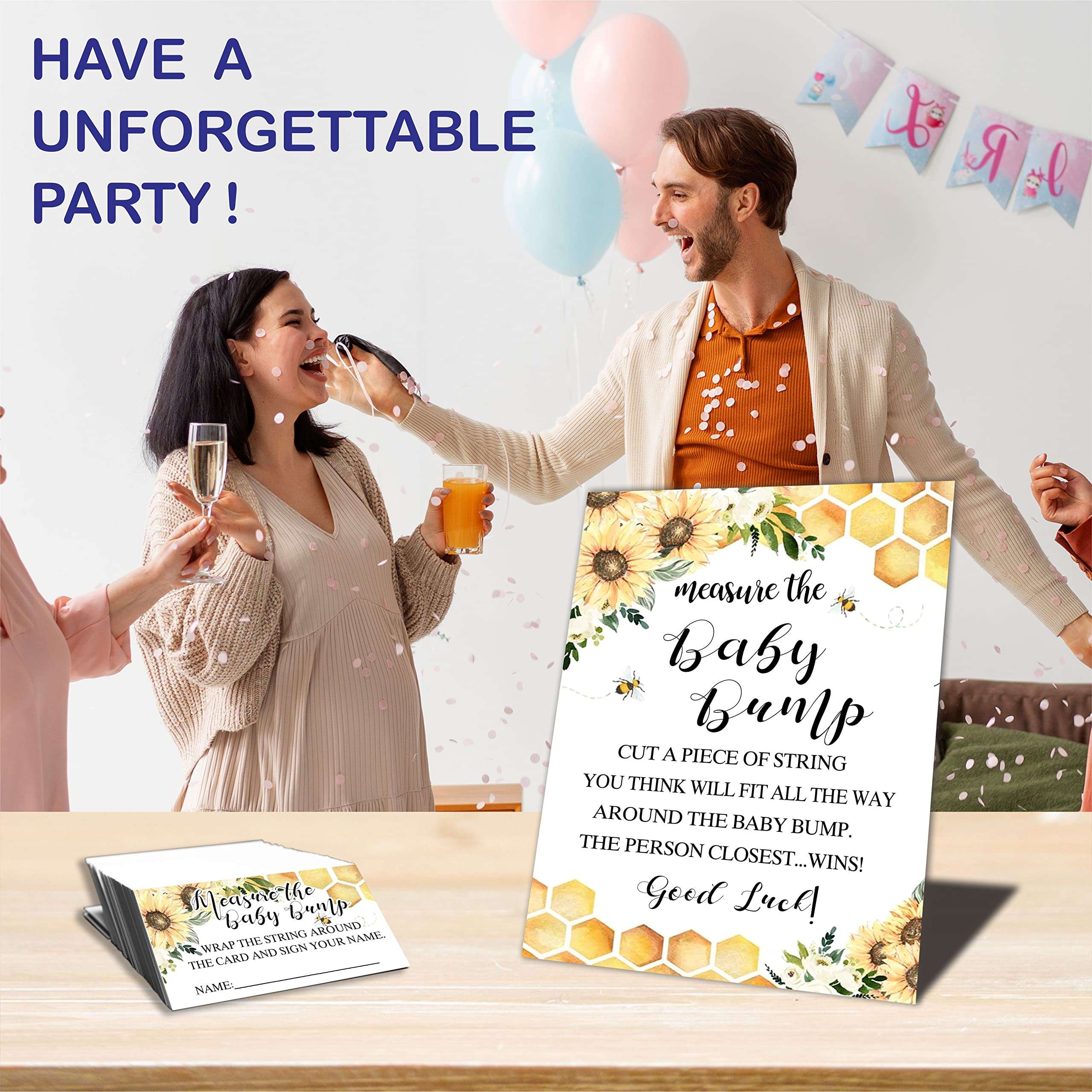 DZIMY Baby Shower Measure The Baby Bump Kit - Bee & Sunflower Guess, How Big Is Mommy's Belly - 1 Sign & 50 Tickets，Decorations For Gender Reveal & Baby Announcement, Party Favor & Supplies-DWLK-B03 5