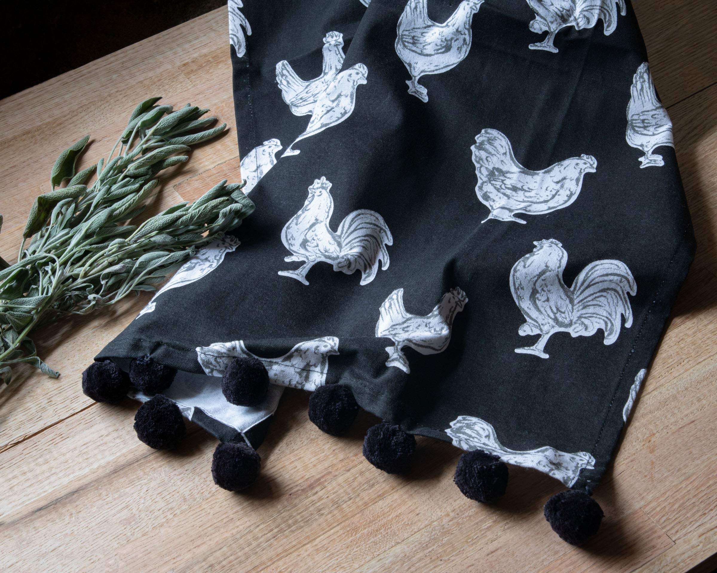 Foreside Home & Garden Black Tea Towel Chicken Pattern 27 x 18 Inch Woven Kitchen Hand Sewn Poms 4