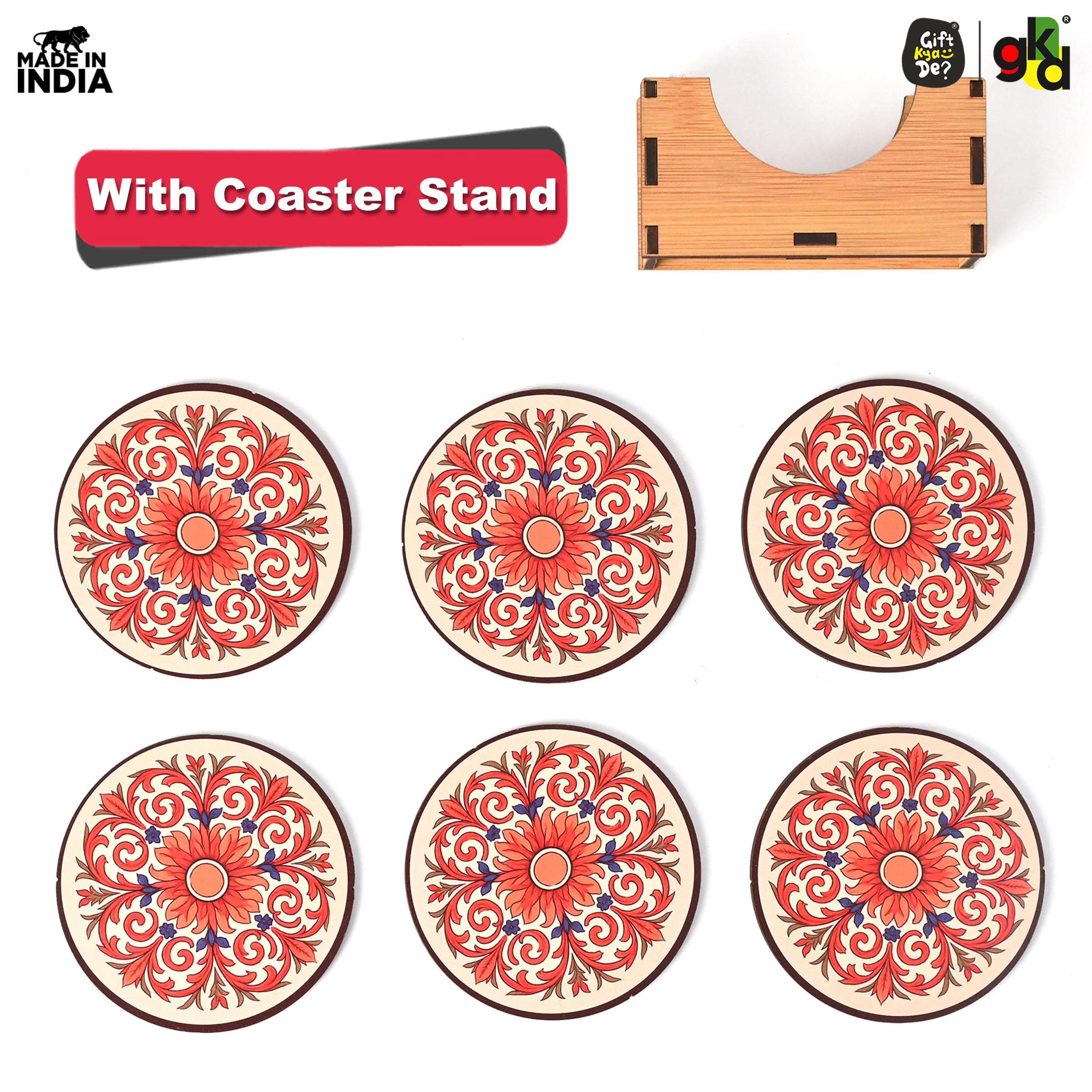 GKD Flower Coasters Wooden Tea & Coffee Coasters Set of 6 with Stand | Round Coasters 3.5 Inch | Heat & Water Resistant Table Coasters for Cups, Mugs & Glasses | Made in India 4