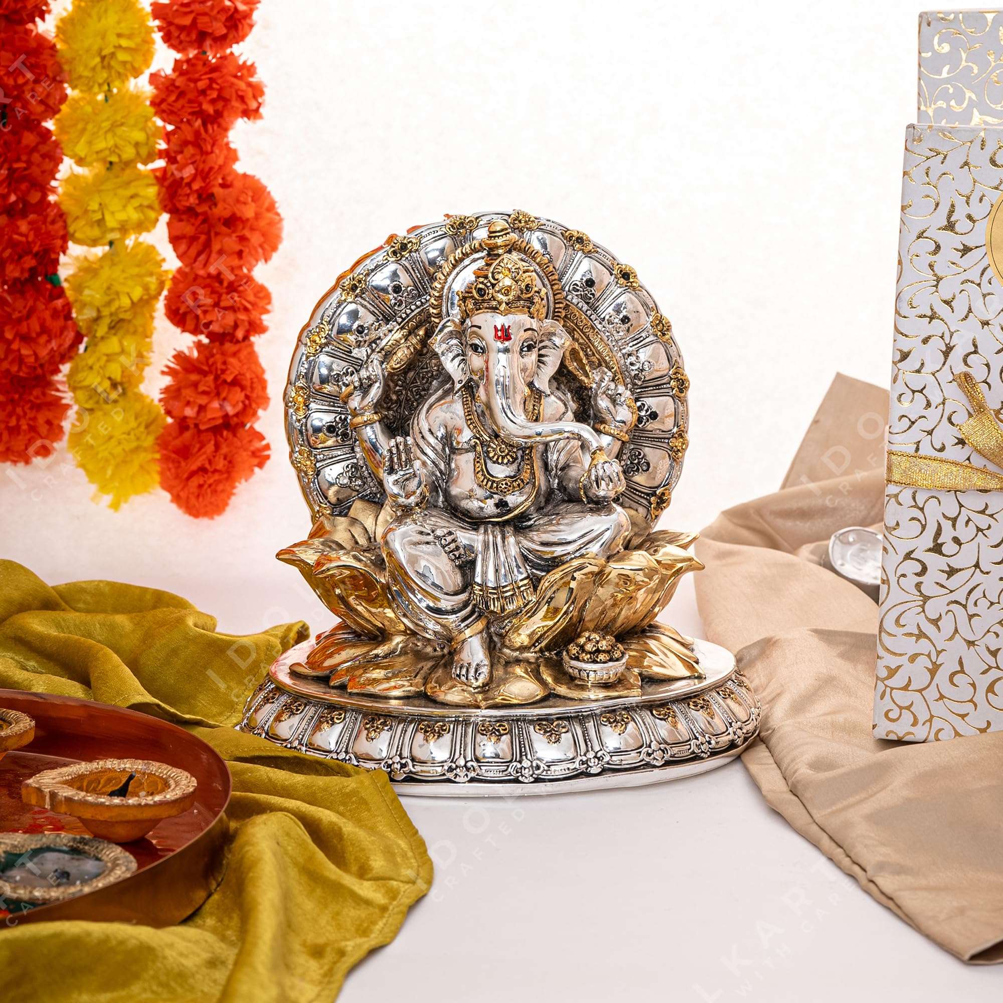 Idolkart 24K Pure Gold & 999 Pure Silver Coated Antique Lord Ganesha Idol (22 x 17 x 21.5 cms | Height: 8") Gold & Silver (Standard) 3