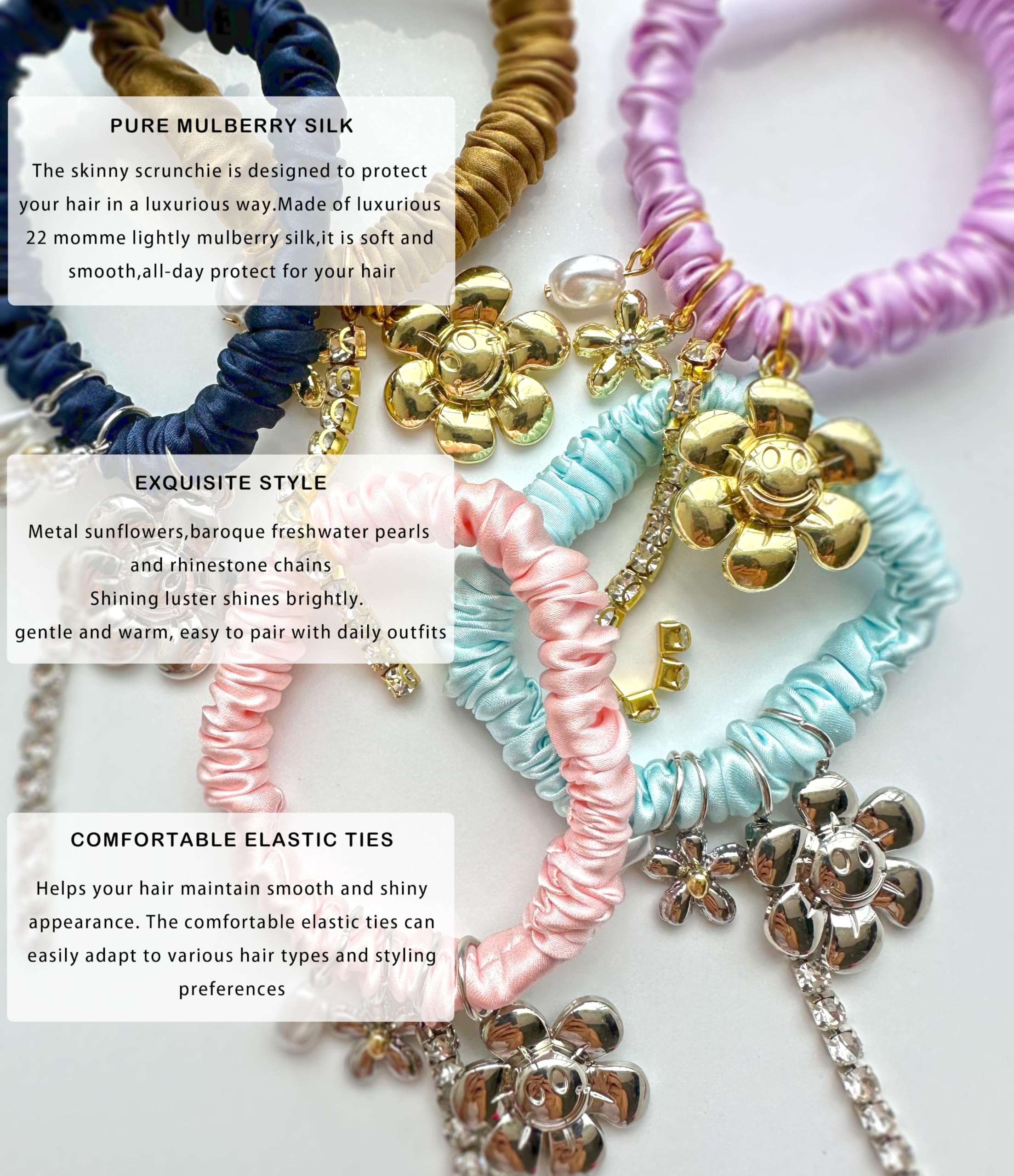 Flower Hair Claw Clip and 100% Mulberry Mini Silk Skinny Scrunchies Set Acetate Hair Clips Ideal For Women and Girls (Pink) 5