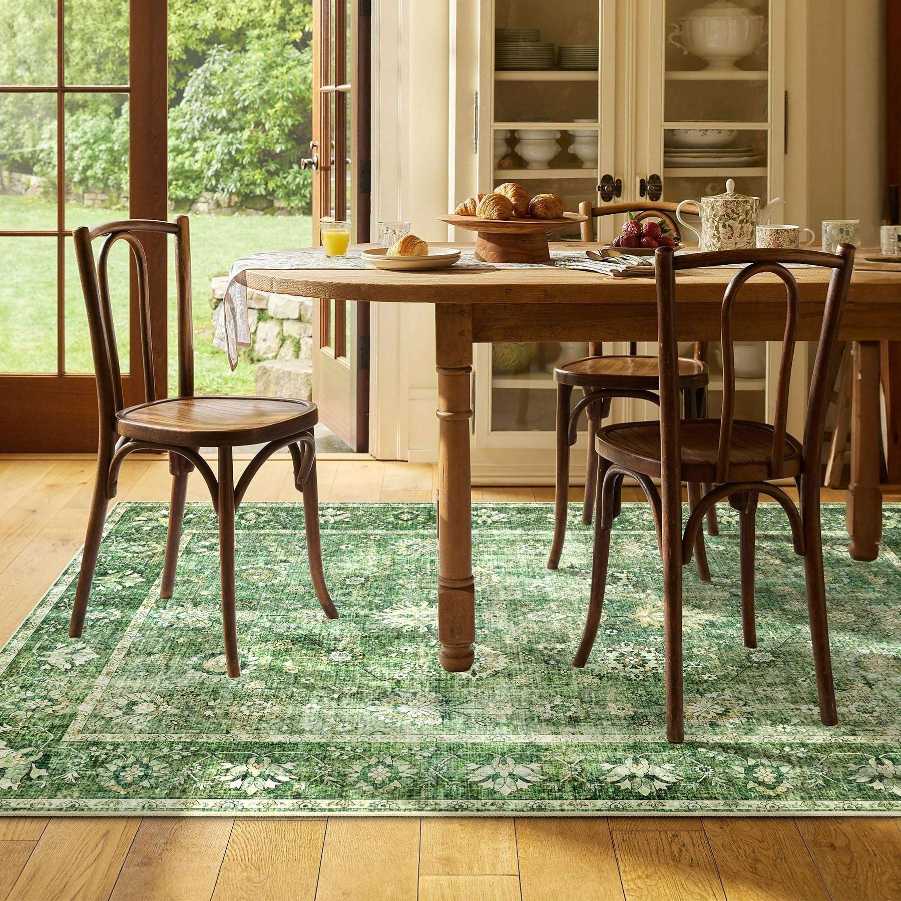 COLORPAPA Green Area Rug 3x5, Washable Rug for Living Room Bedroom Kitchen Entryway, Boho Throw Rug Low-Pile, Floral Distressed Carpet Non-Slip 3