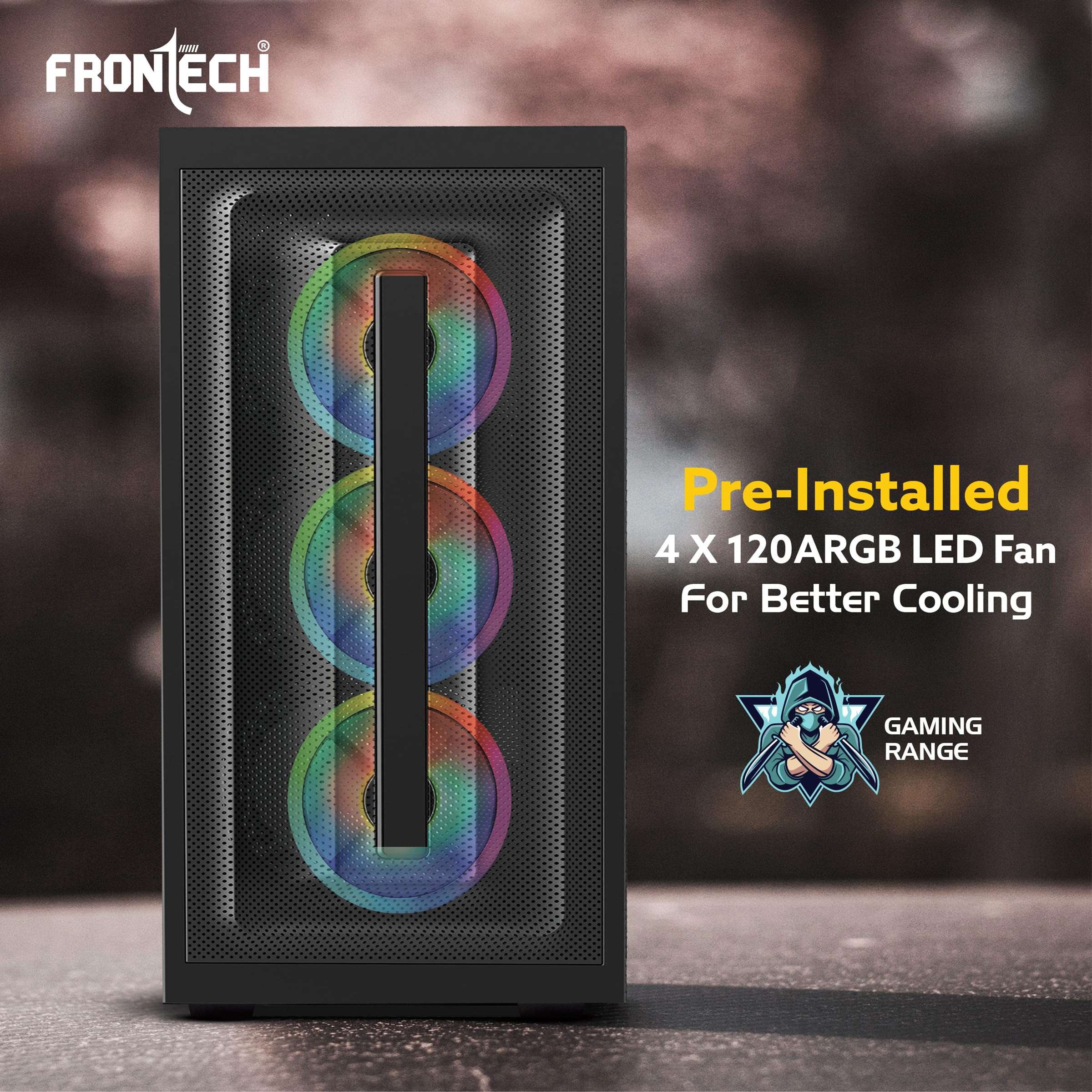 FRONTECH QUBIX ATX Mid Tower Gaming Computer Case | Tempered Glass Side Panel | Metal Mesh Front | 4 x 120mm ARGB Fans | USB 3.0 & Type-C (FT-4386) 4