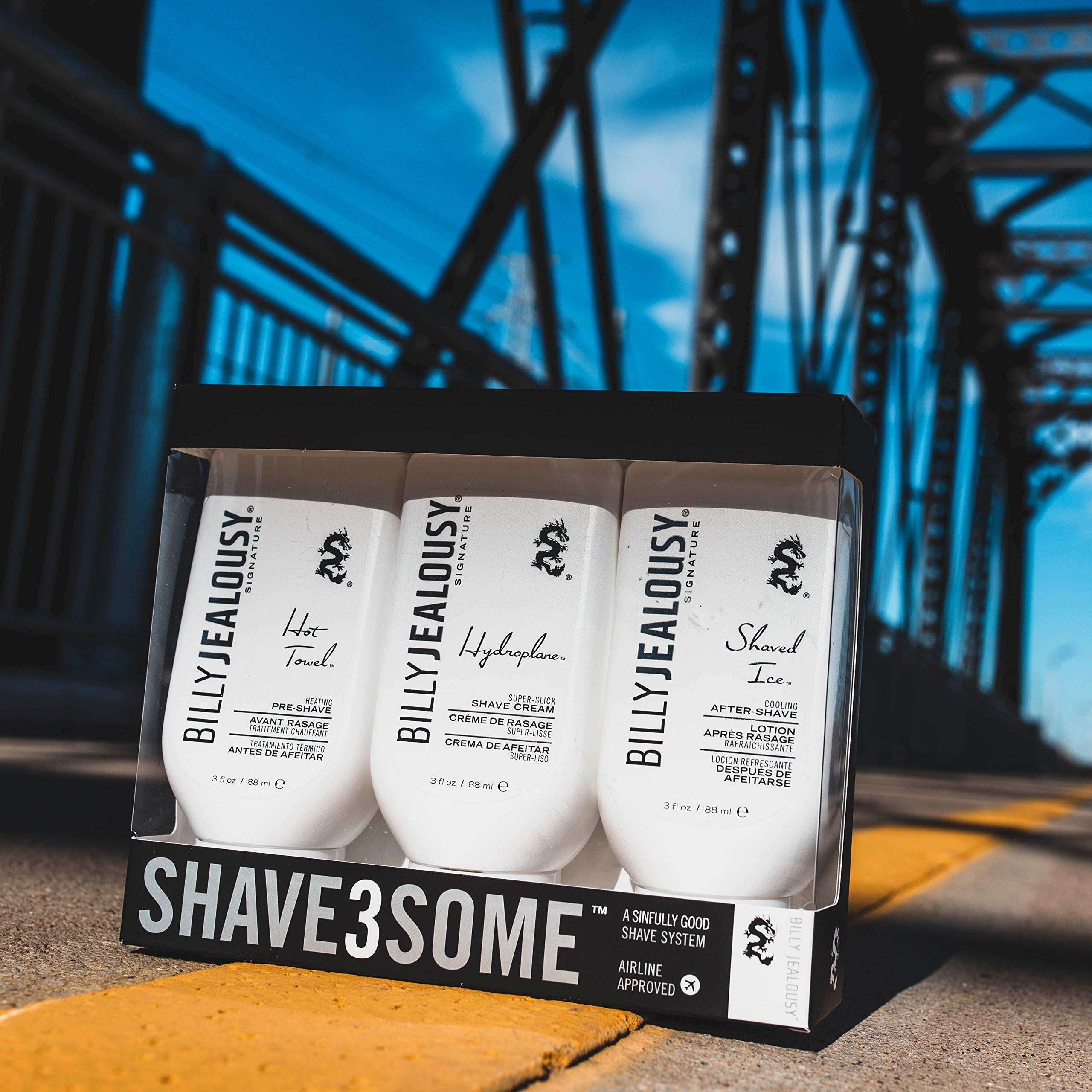 Billy Jealousy Shave3some Travel-Size Trio Shaving Kit for Men with Heating Pre-Shave, Super Slick Shave Cream and Cooling After-Shave, Citrus Scent, 3 Fl Oz Each 3
