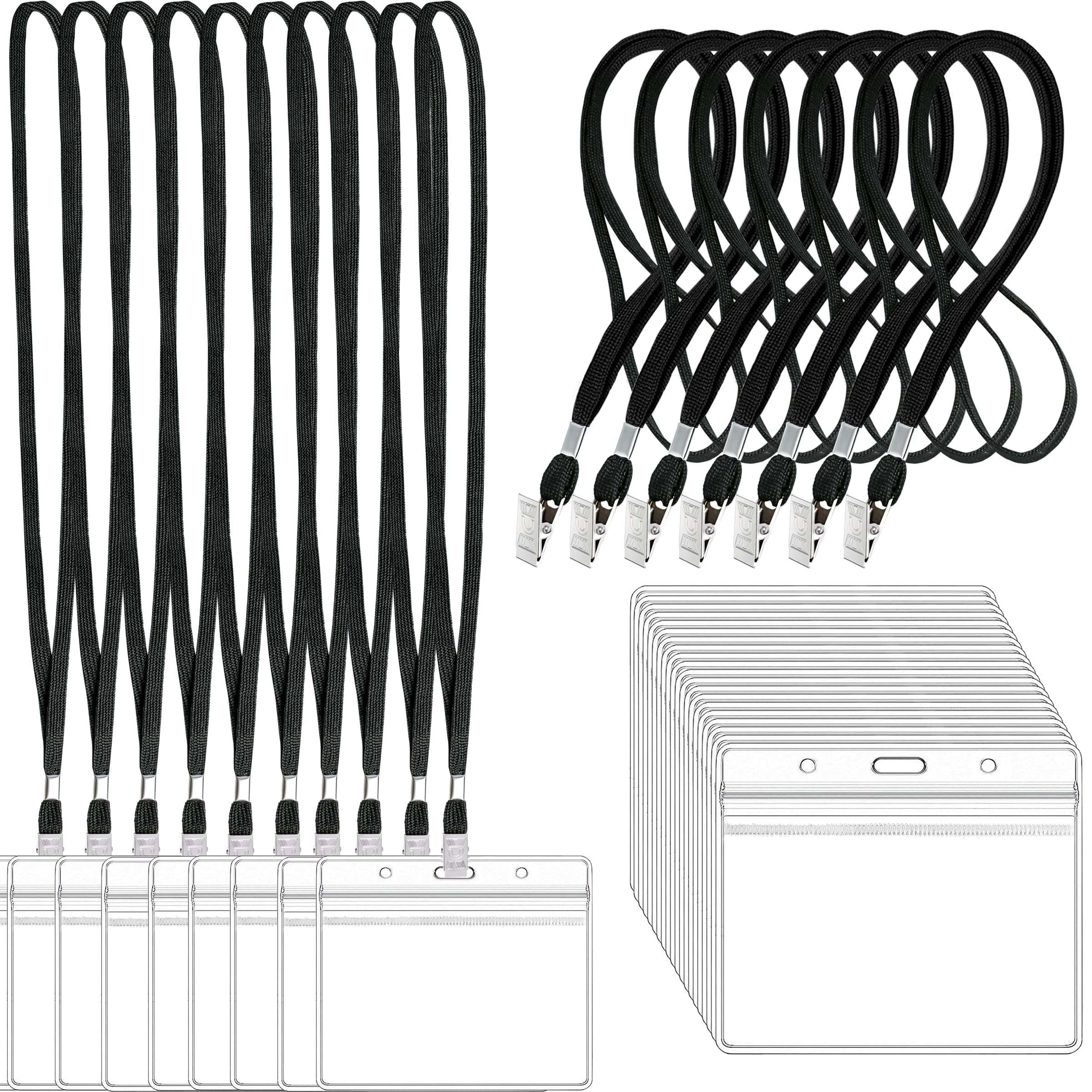 100Pcs Clear Plastic Horizontal Name Tags Badge ID Card Holders and 100Pcs Black Lanyards with Clip lanyards for id Badges (Black)