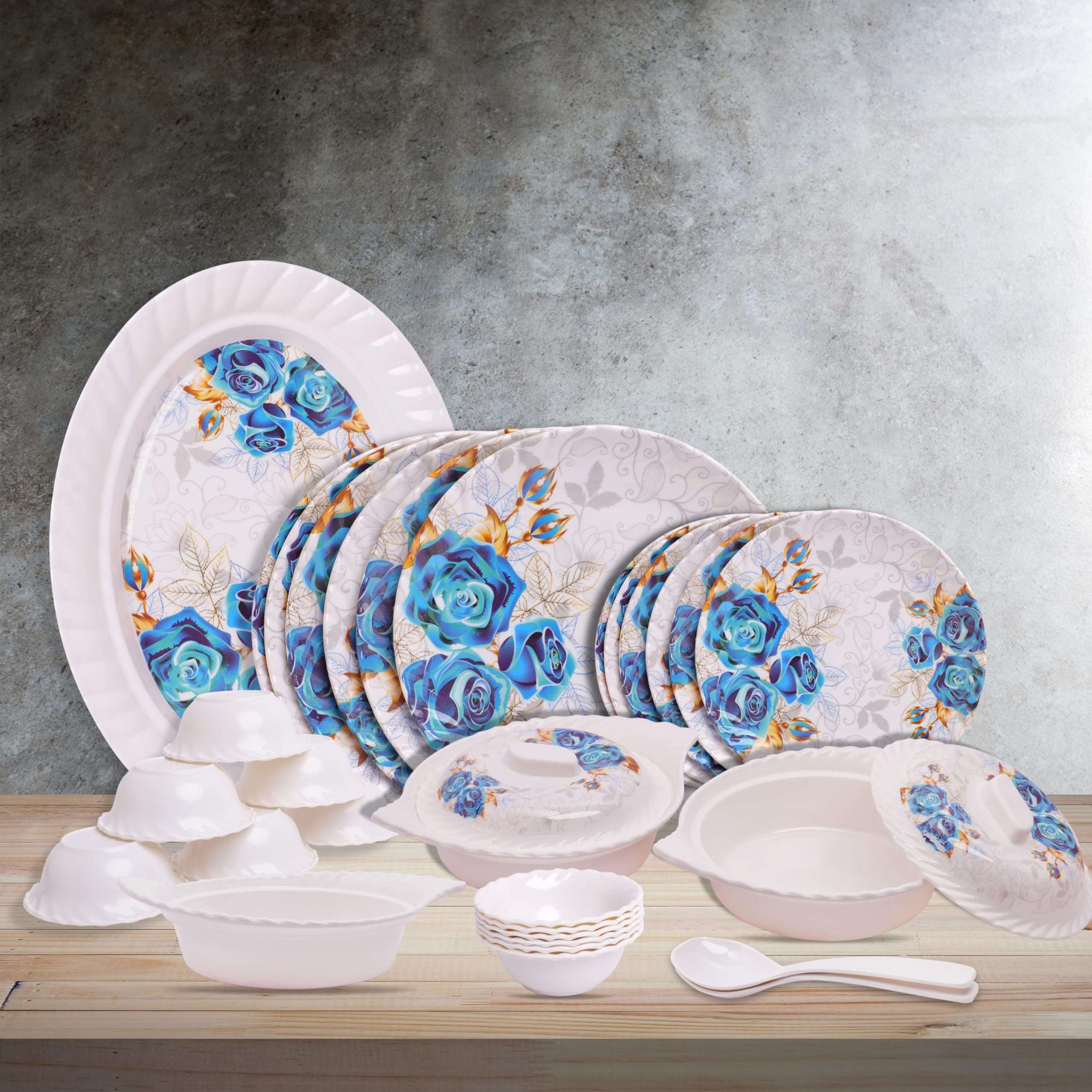 Home-Pro - 32 Pieces Melamine Dinner Set Royal Lehar, Stain Resistant, Beautiful Blue Flower Design Crockery Dinnerware in Exclusive Square Shape Set for Your Home Kitchen and Gifting