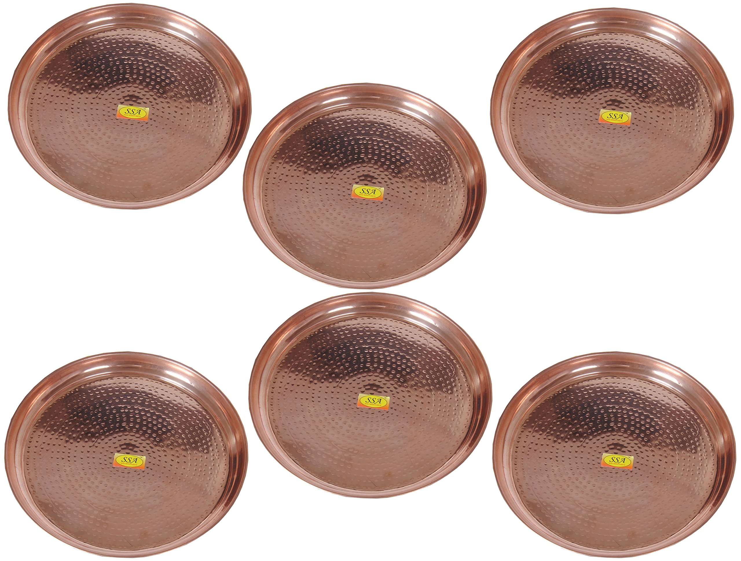 SHIV SHAKTI ARTS Handmade Pure Copper Plate Big Sized Hammered Deisgned Thali Dish Homeware Hotelware Dinnerware Kitchenware Serveware Diameter-29 cm Each ::Set of 6 1