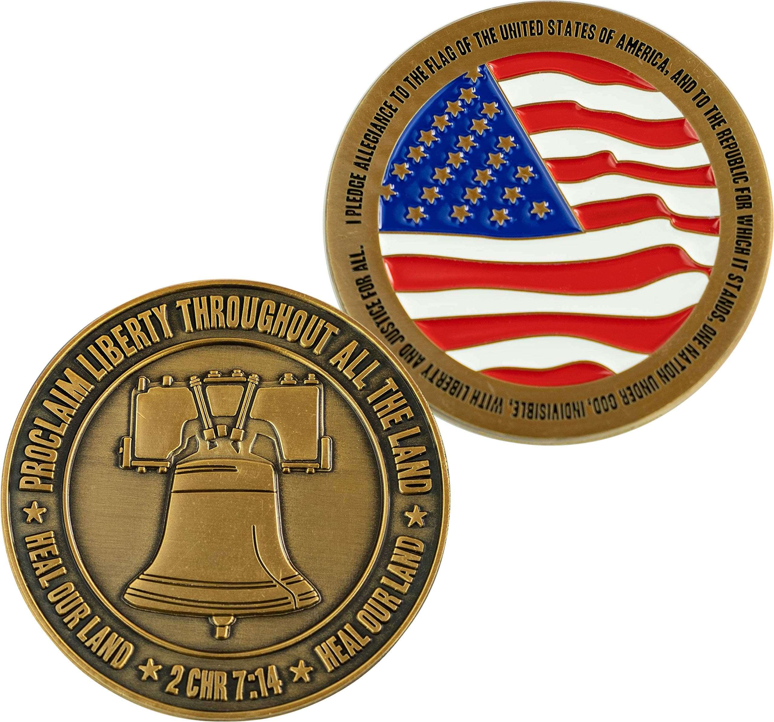 Pledge of Allegiance Coin, Liberty Bell & American Flag Patriotic Military Challenge Coin, Heal Our Land, Freedom Christian Religious Antique Gold Plated Prayer Token Gift