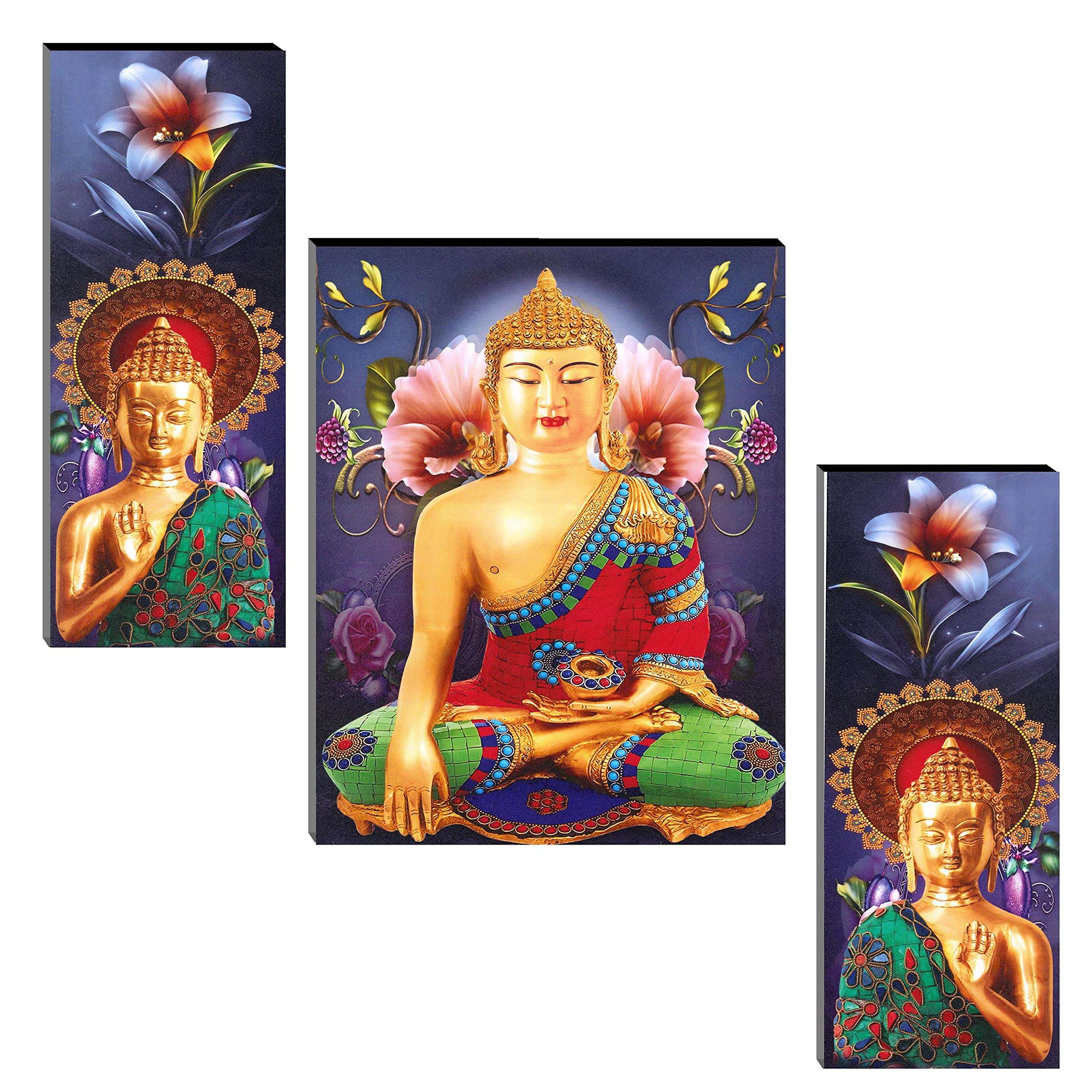 Indianara Set of 3 Gowthama Buddha Art MDF Art Painting (4100FL) without glass 4.5 X 12, 9 X 12, 4.5 X 12 Inch (Multicolor) 1