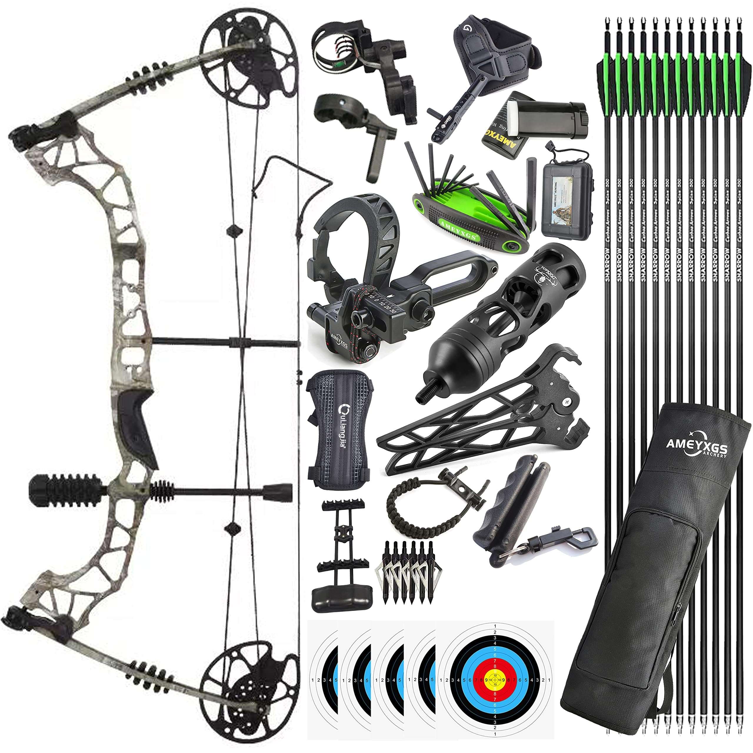 ZSHJGJR Compound Bow Kit,Hunting&Targeting,Compound Bow and Arrow Set,Draw Weight 35-70lbs Adjustable,Draw Length 16-30",up to IBO 320FPS,Package with Archery Hunting Accessories (Forest Camo) 1