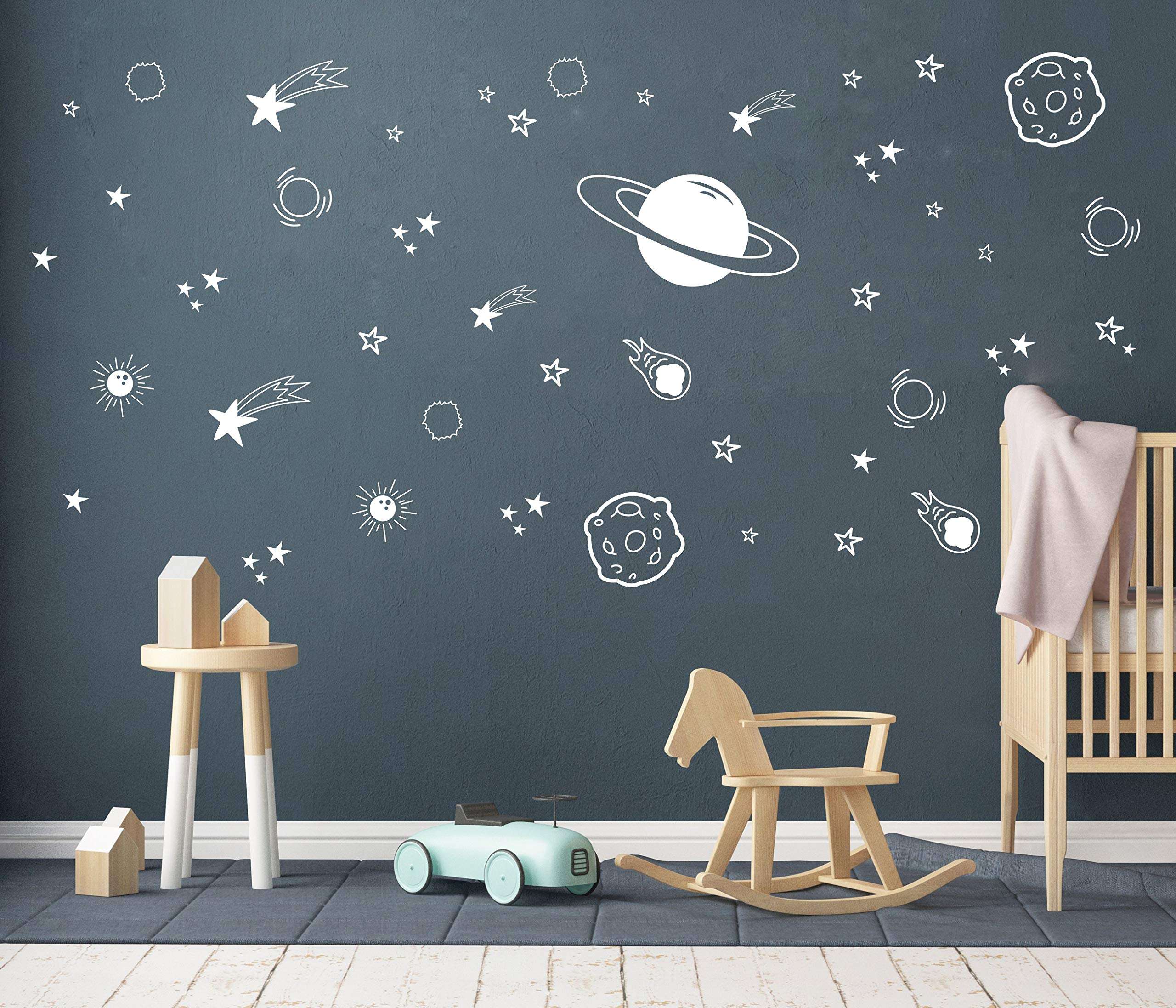Planet Wall Decal, Boys Room Decor, Outer Space Wall Decals, Star Wall Stickers, Vinyl Wall Decals for Children Baby Kids Boys Bedroom, Nursery Decor(Y04) (White)