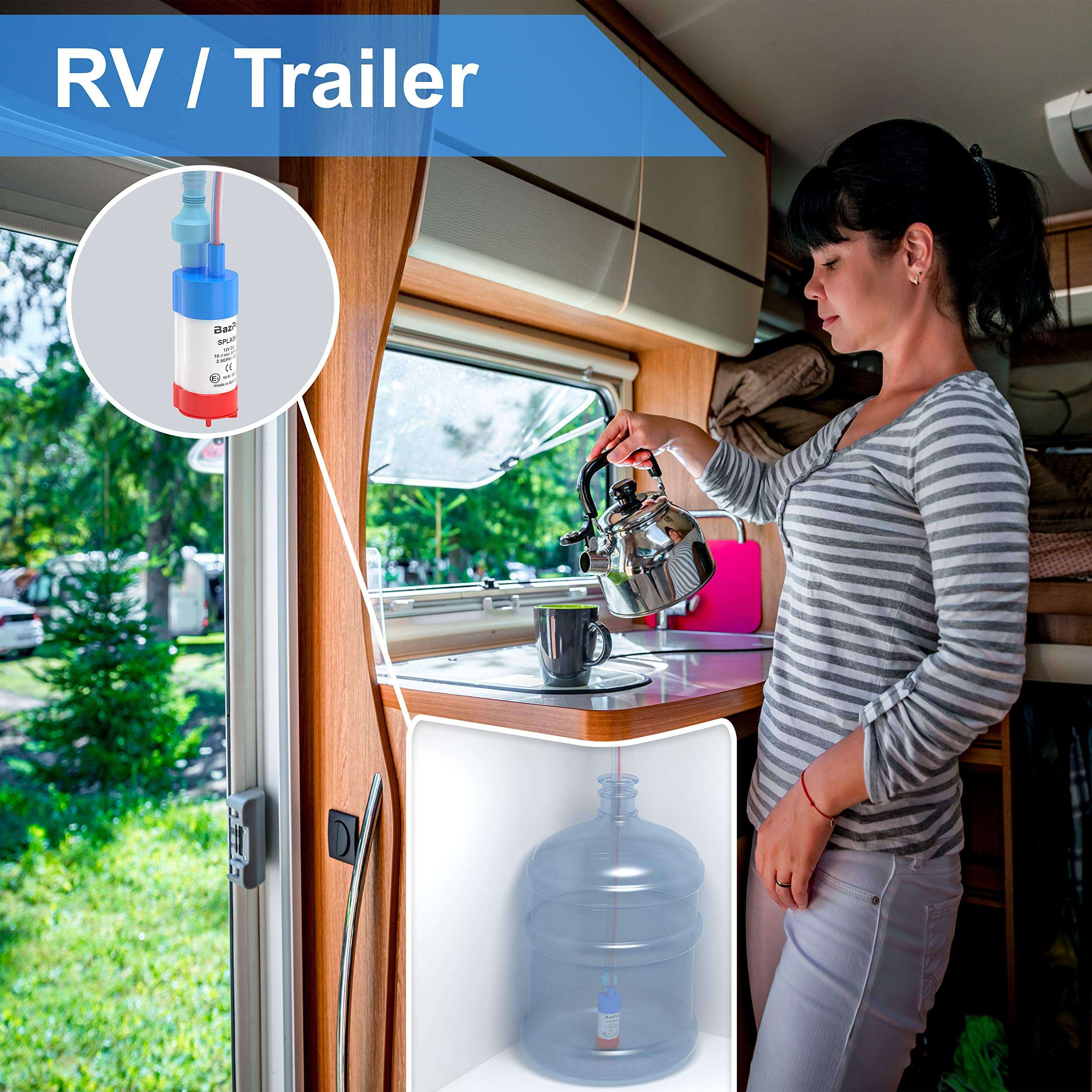 BAZPO 12V Mini Portable Submersible Water Pump | for RV, Camper, Aquarium, Hydroponic, Well, Jug, Solar Panel | Battery-Operated Small Electric Sump Pump with Valve and Filter | German Made 3