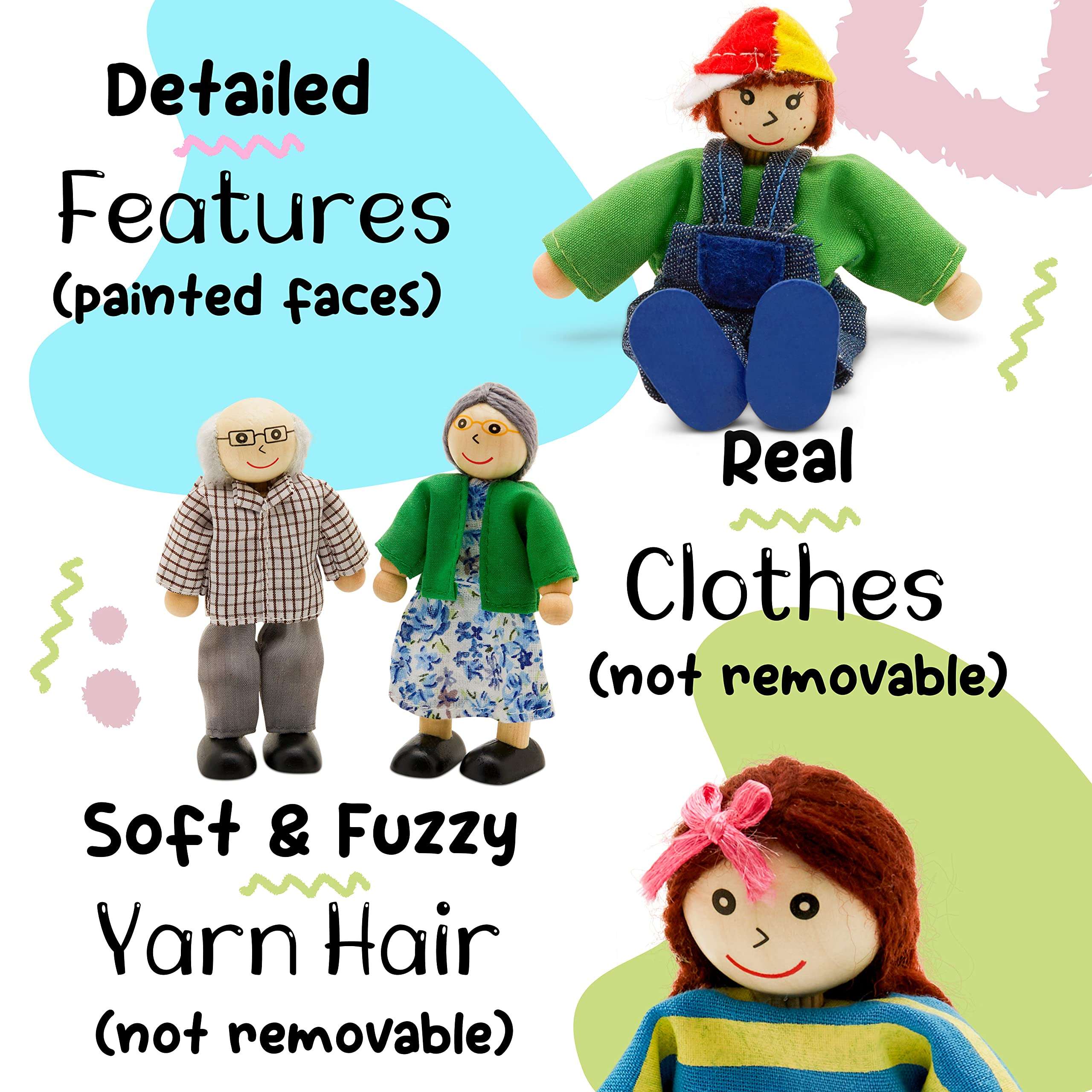 Wooden Dollhouse Family Set - 8 Piece Kit with Mom, Dad, Grandparents, Children, Baby and Dog – 100% Natural Wood, Nontoxic Paint, Smooth Edges 3