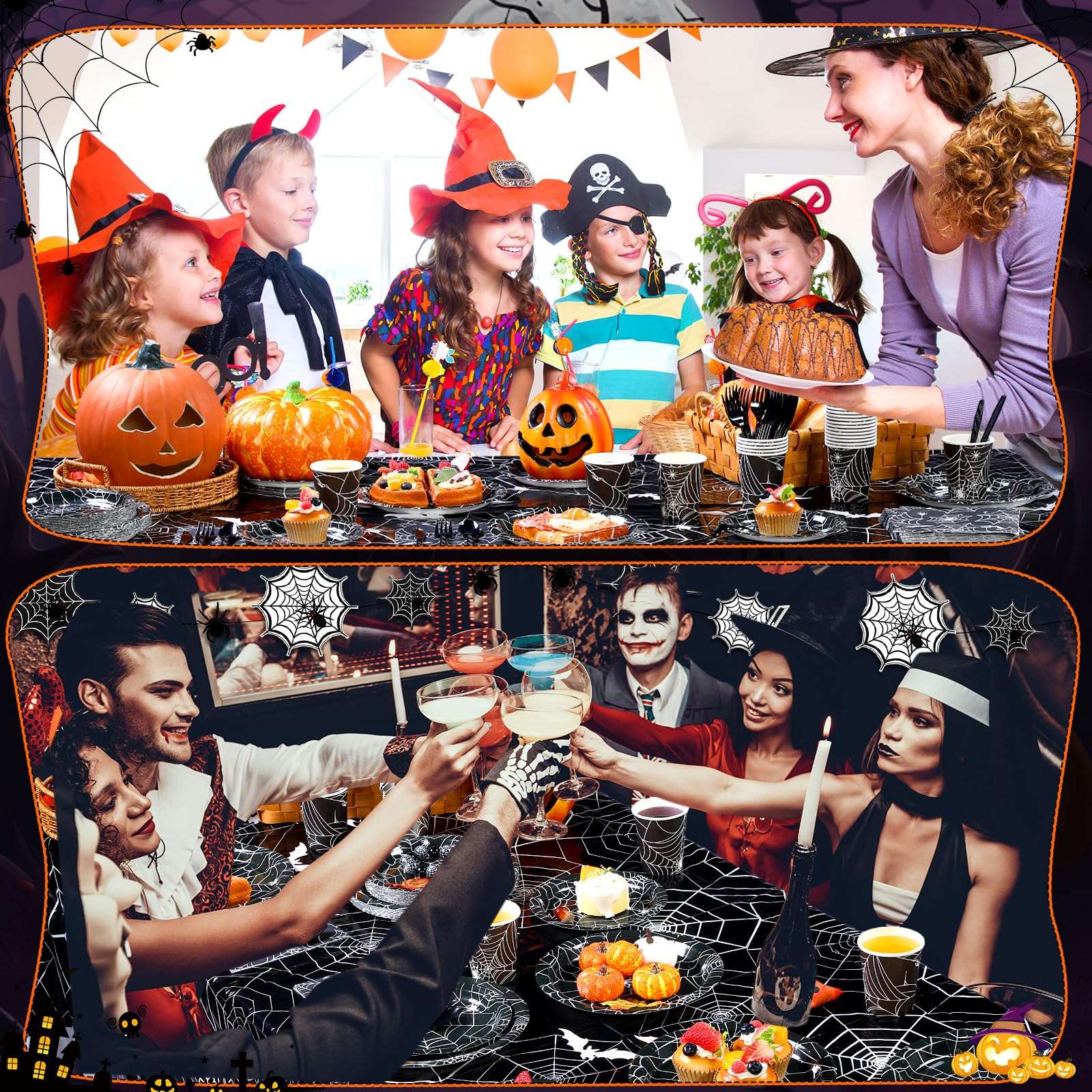 Mimorou 214 Pieces Halloween Party Tableware Set Spider Web Plates Cups Table covers Banner Party Decorations for Birthdays Happy Halloween Eve Decor Themed Cocktail Party Home Decoration 6