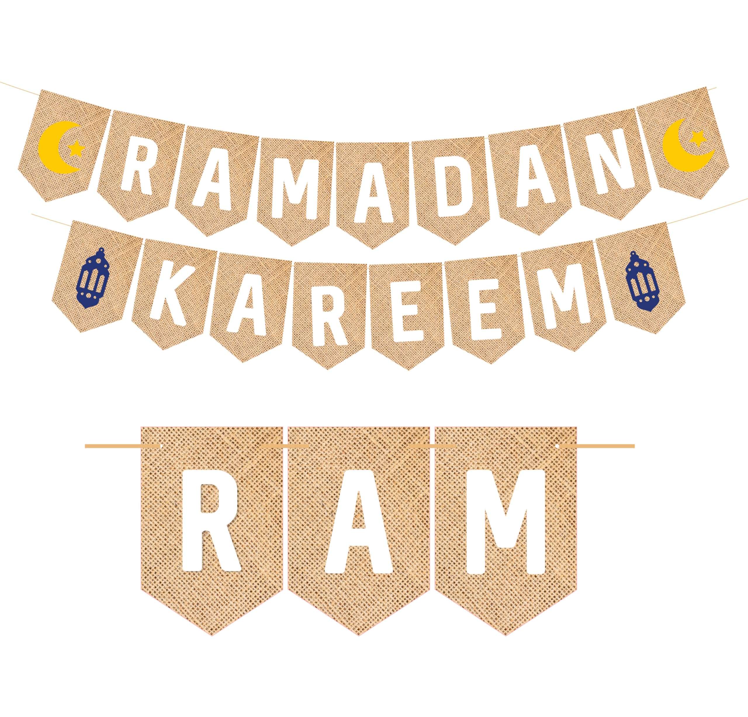 SVM CRAFT® Ramadan Kareem Banner, EId mubarak banner, Jute Burlap Ramadan Mubarak Banner with Moon and Star,Ramadan Mubarak Banner, Eid Festival Muslim Islam Party Decoration 1