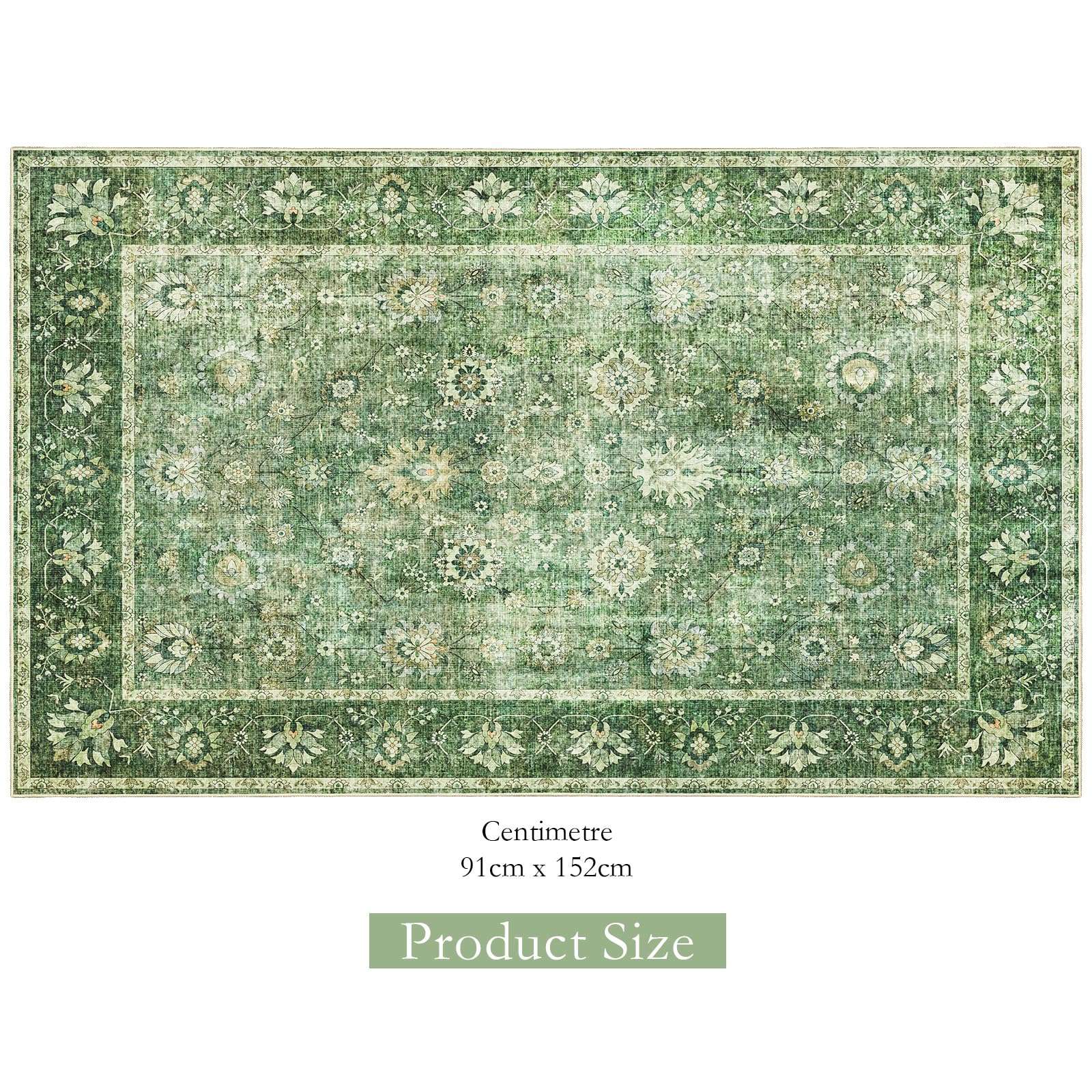 COLORPAPA Green Area Rug 3x5, Washable Rug for Living Room Bedroom Kitchen Entryway, Boho Throw Rug Low-Pile, Floral Distressed Carpet Non-Slip 4