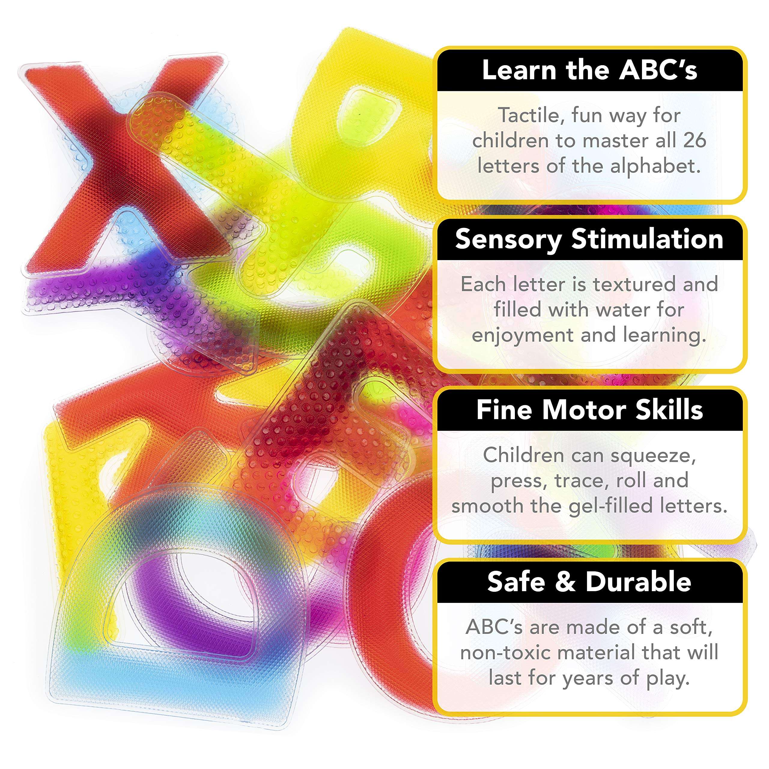 Playlearn 26pc Large Size Sensory Alphabet Letters - Multiple Textures - Gel Filled Tactile Letters - ABC Learning Toy - Light Table Toy 3