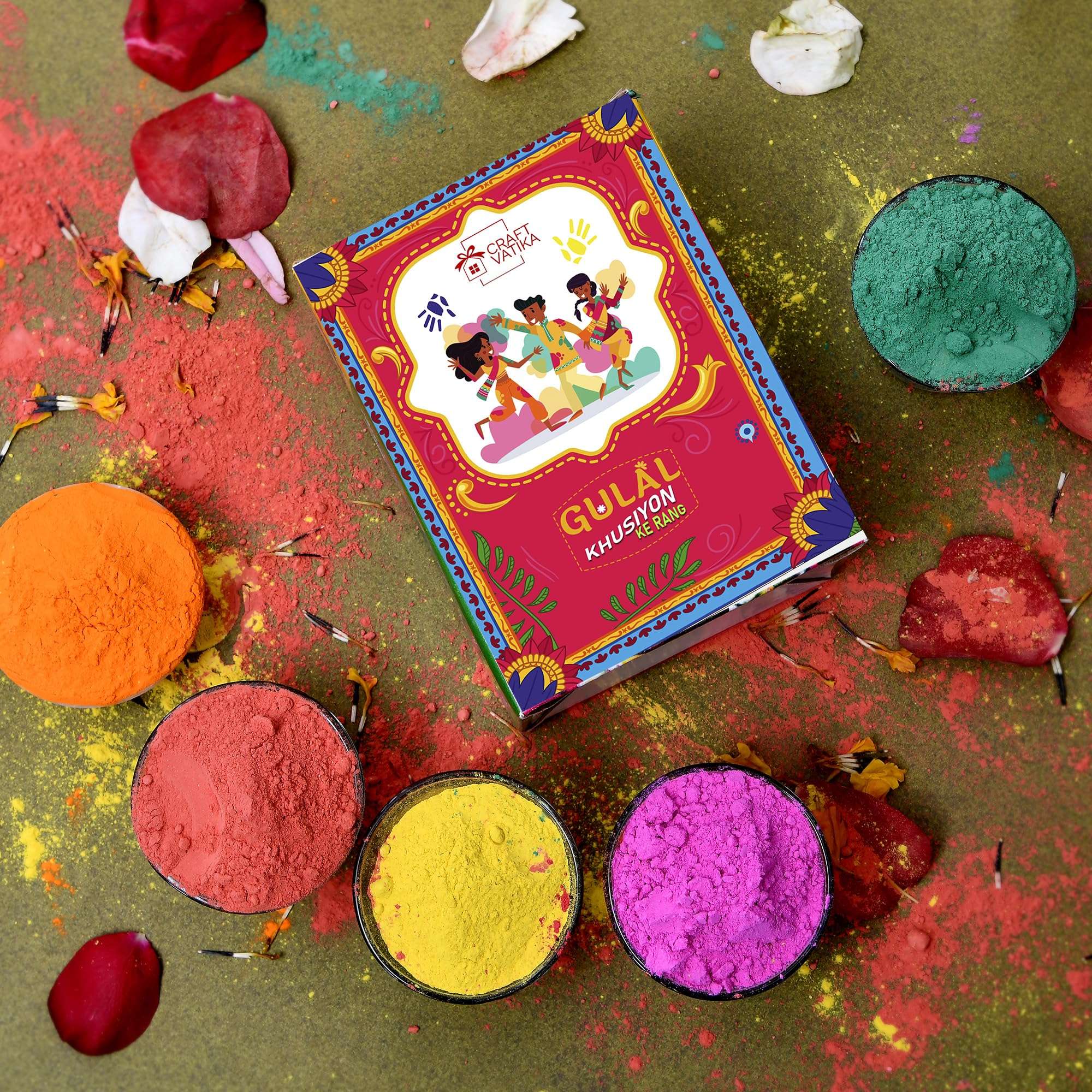 CraftVatika Holi Colours Pack of 5 Organic Holi Gulal Rang | 400 Gram Certified Holi Colors Gift Box |- Herbal Organic Holi Rang for Kids Family Men Women for Holi Festival Rang Panchami 1