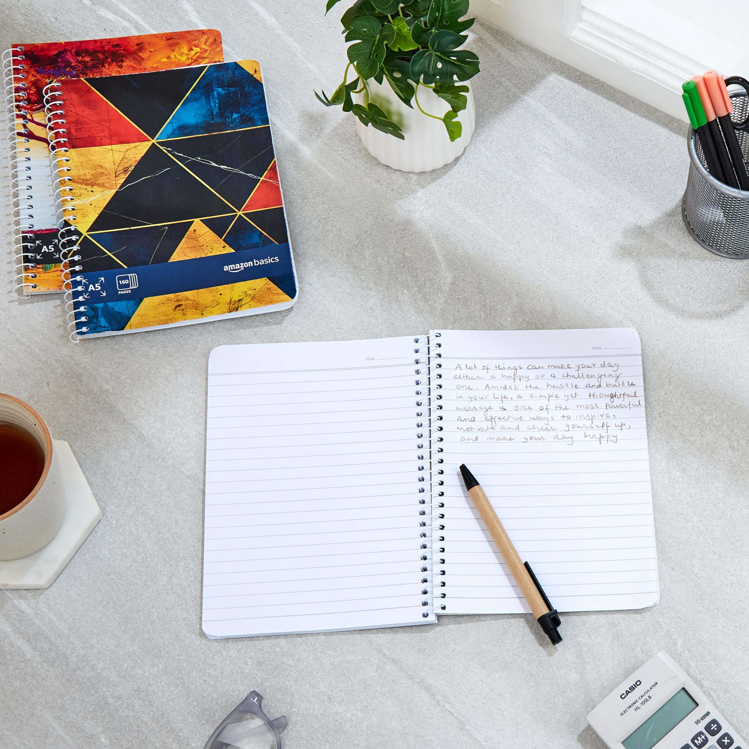 amazon basics Metal Spiral Notebooks A5 Size 160 Sheet | High Bright Paper | Single Ruled | Thick Black Covers | Pack of 3 (Assorted Colours) 3