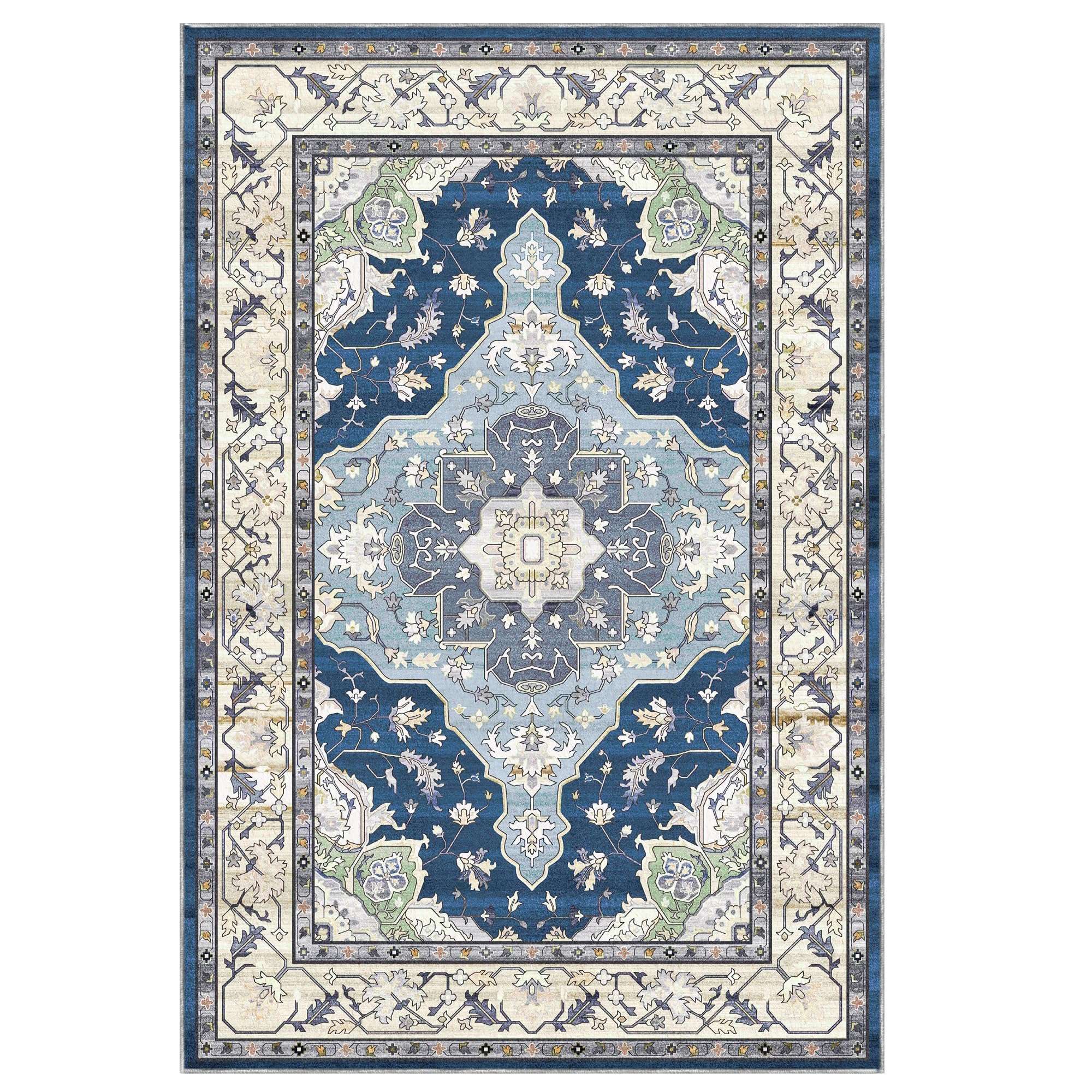 ROCYJULIN 5x7 Area Rugs for Living Room, Washable Rugs 5x7 for Bedroom, Modern Medium-Pile Area Rugs Carpet with Non Slip Rubber Backing, Super Soft 1000GSM 5x7 Rug, Non-Shedding, Cream & Blue 5