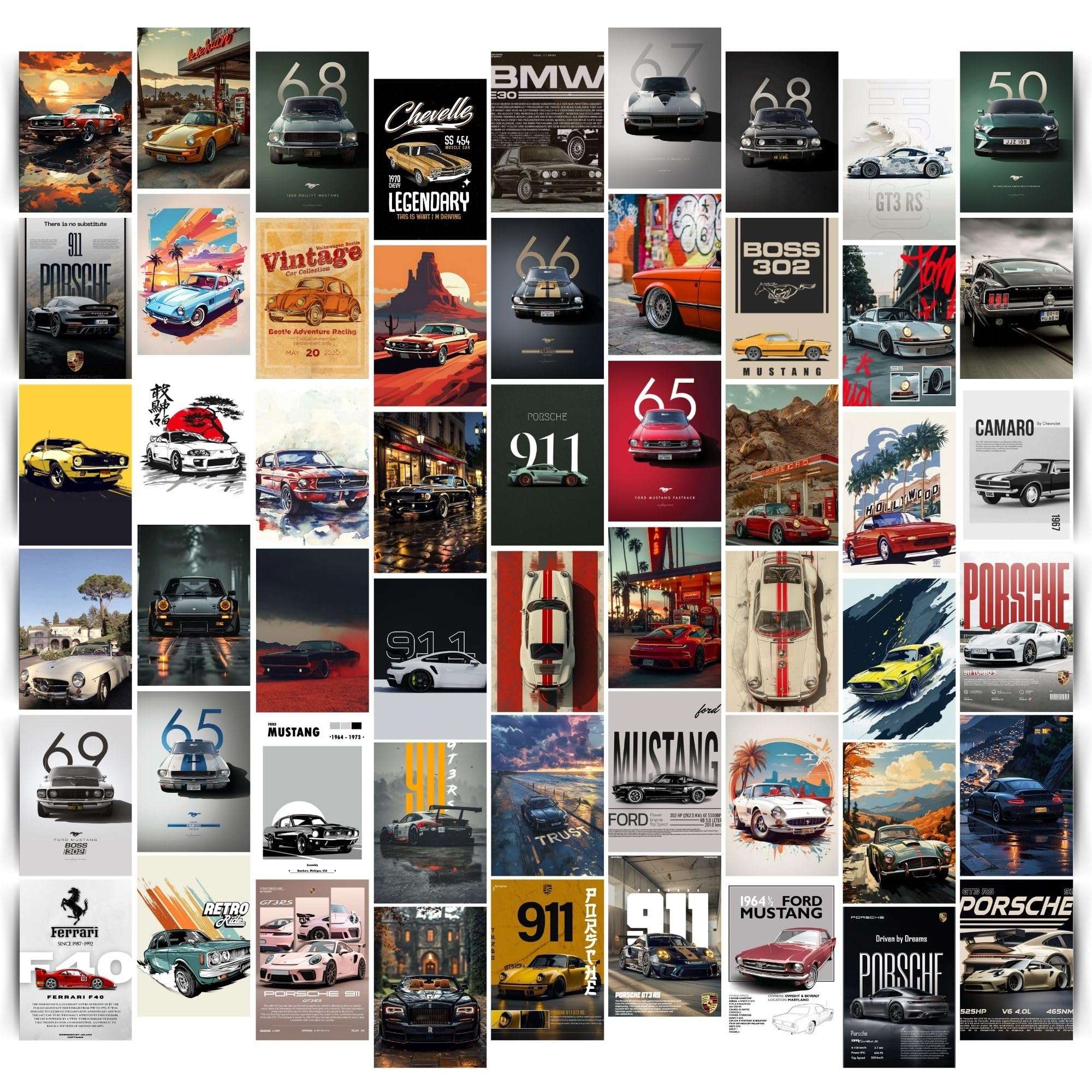 Posters Inc Vintage Car Wall Posters Set of 54 A6 (4x6 Inch) Mini Prints | Classic Retro Car Collage Kit for Room, Garage & Office | 300 GSM Matte Photo Paper, Glue Dots Included | Antique Automobile Wall Art Decor 1
