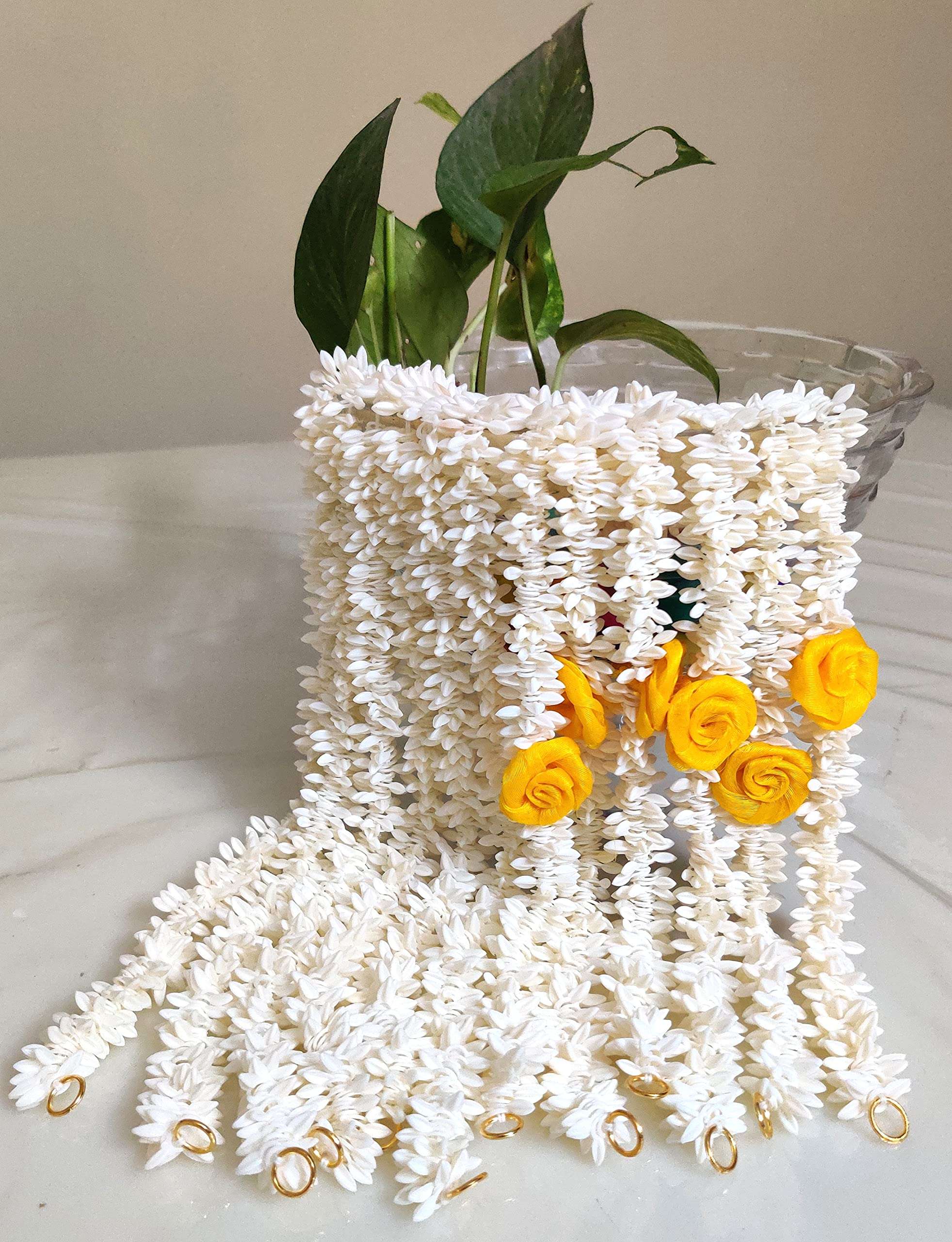 Pretty Charming Gajra/Jasmine Garland Mala with Real Jasmine fragrance for women, used as hair accessories set of 12, 6 yellow flower and 6 white, with a surprise freebie 3