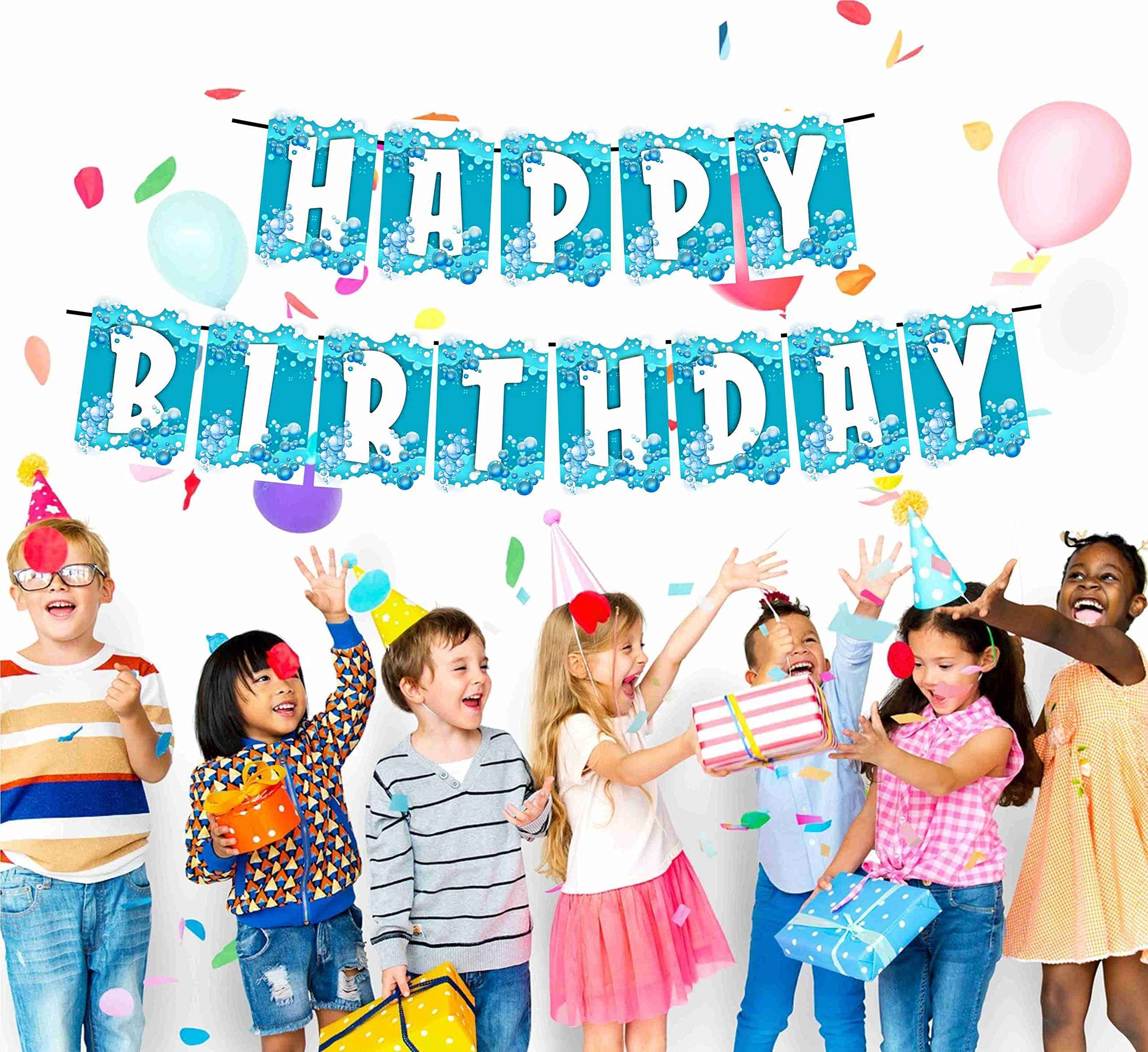 Partyzon Bubbles and Water Theme Happy Birthday Kids Banner for Birthday Decoration Backdrop and Theme Party with Ribbon 3