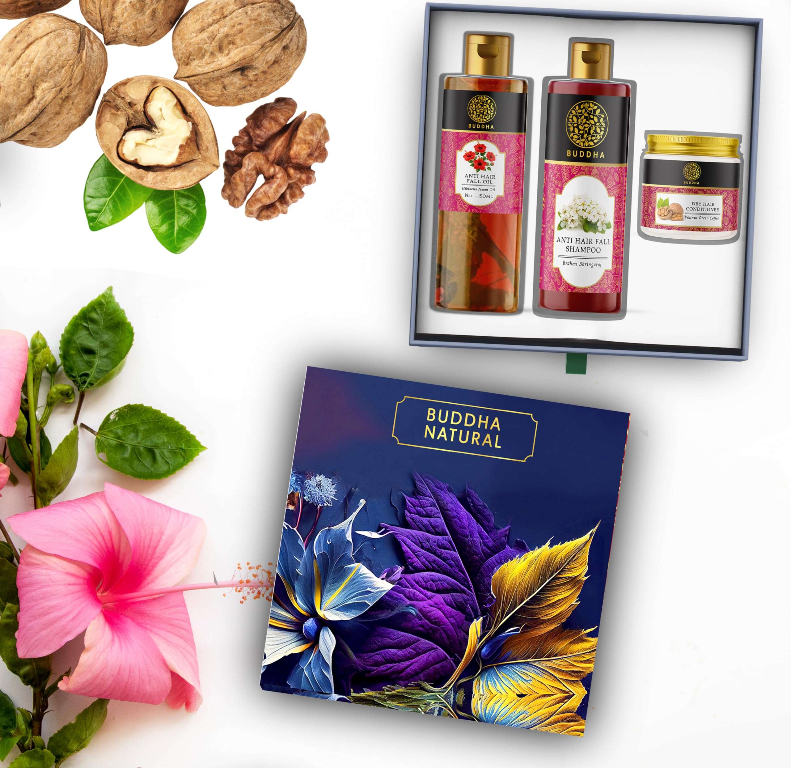 Buddha Natural Hair Care Gift Box Velvet Bliss (Nourishing Hair Oil, Strengthening Shampoo, and Hydrating Conditioner for Hair Fall) - Ayush Certified - Promotes Natural, Lustrous Hair Growth 1