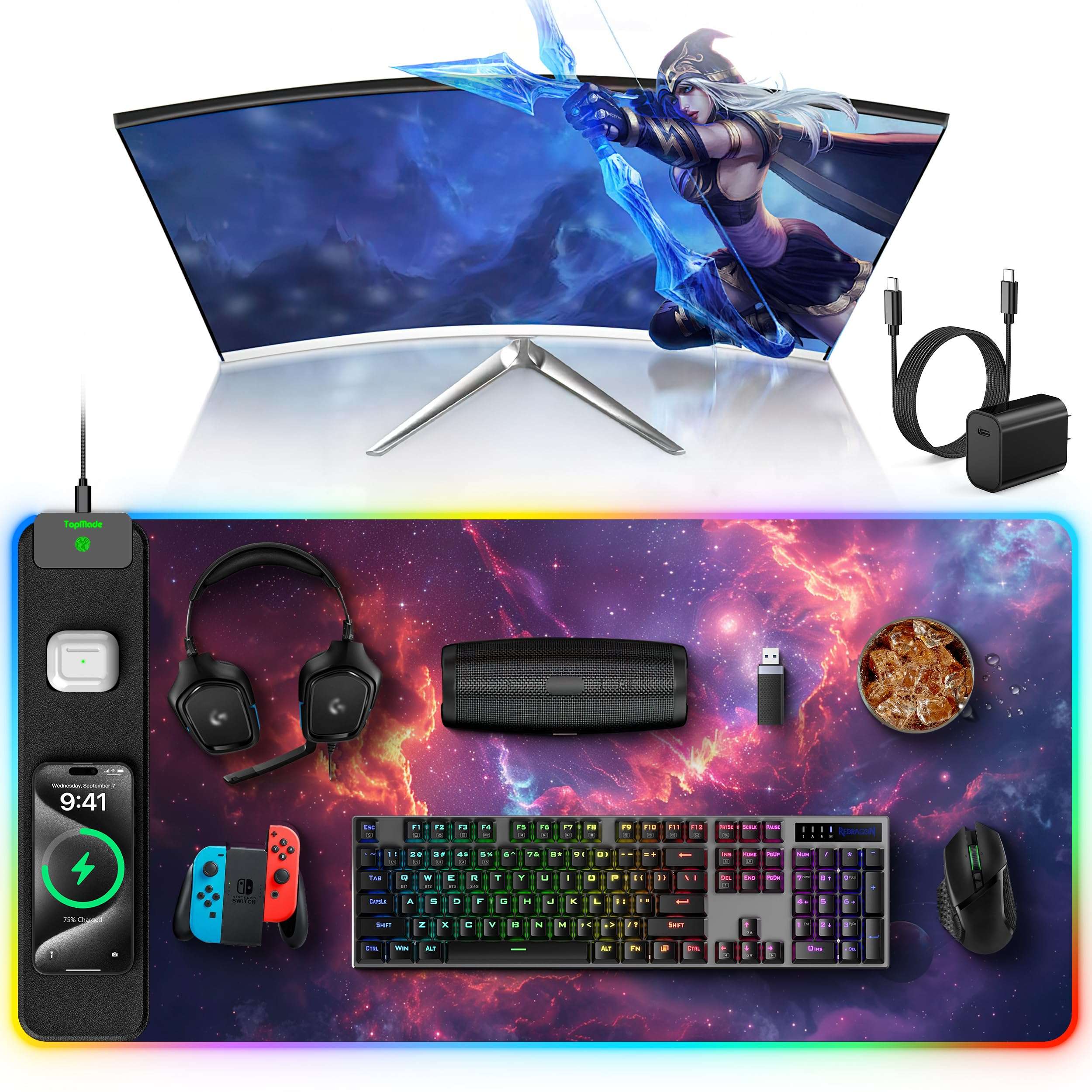 TopMade Wireless Charging Mouse Pad, RGB Gaming Mousepad Home Office Desk Pad, 31.5” x 15.8” Large Desk Mat, Waterproof Keyboard Pad, Galaxy Nebula (Includes 20W PD Power Adapter & 6.56ft Woven Cable) 1