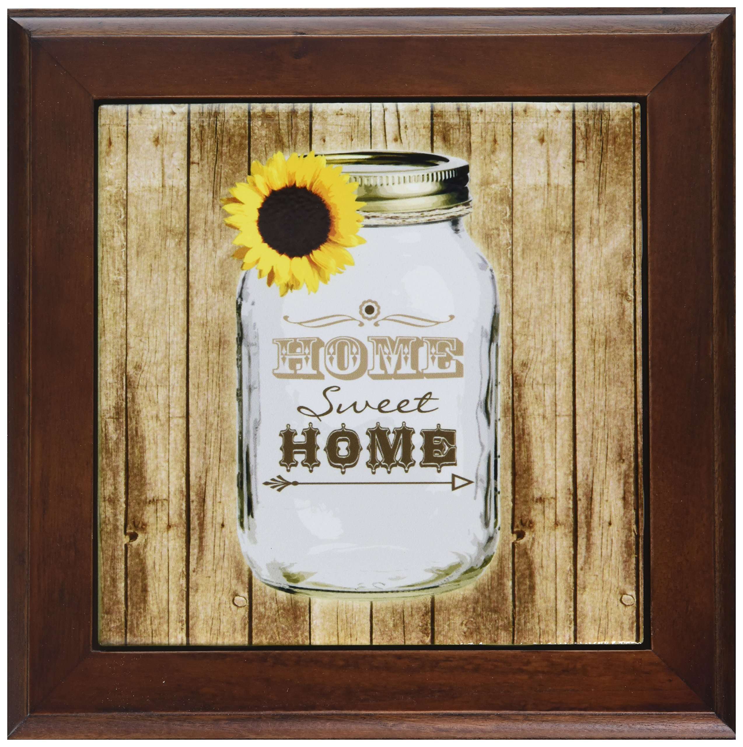 3dRose ft_128555_1 Country Rustic Mason Jar with Sunflower Home Sweet Home Framed Tile, 8 by 8-Inch 1