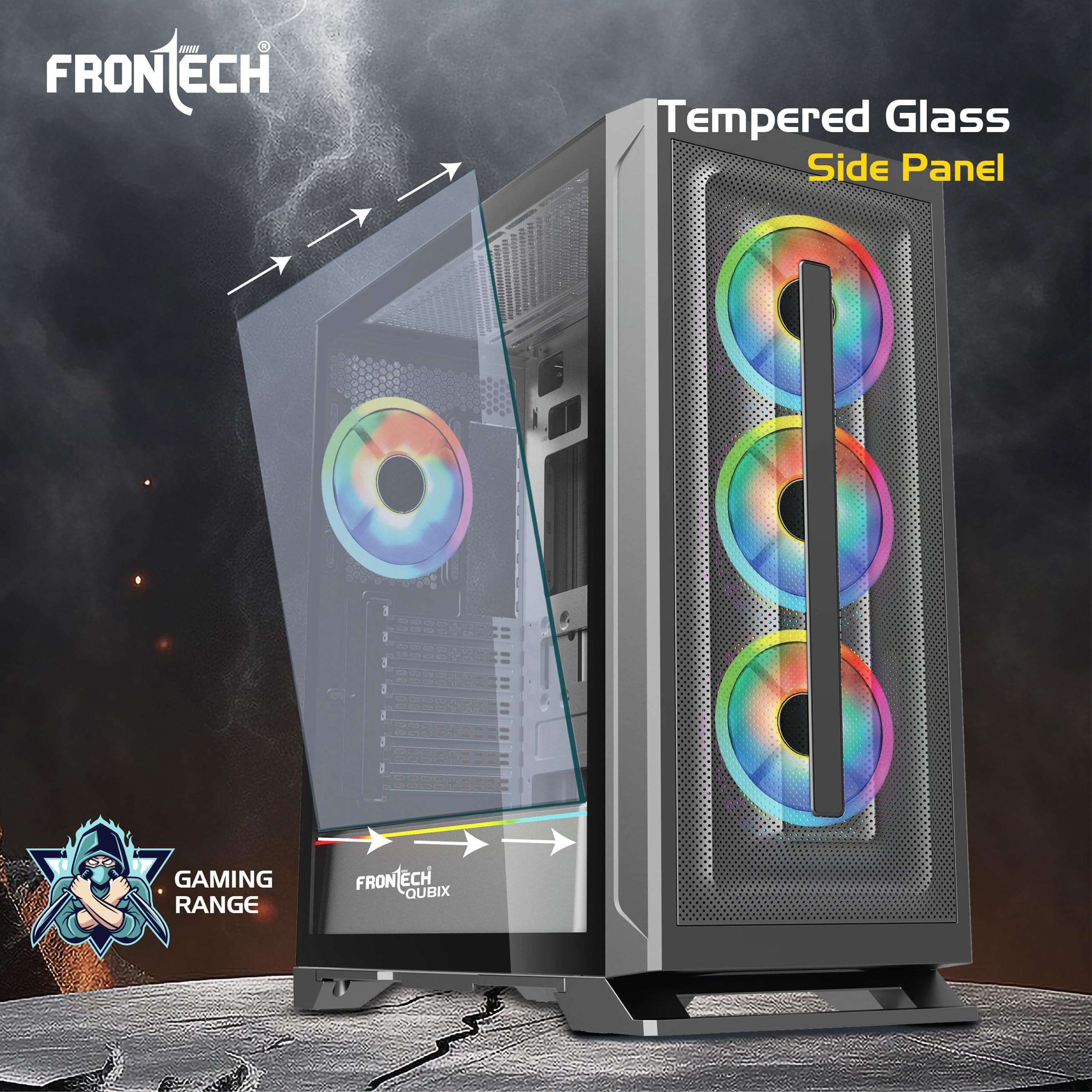 FRONTECH QUBIX ATX Mid Tower Gaming Computer Case | Tempered Glass Side Panel | Metal Mesh Front | 4 x 120mm ARGB Fans | USB 3.0 & Type-C (FT-4386) 5