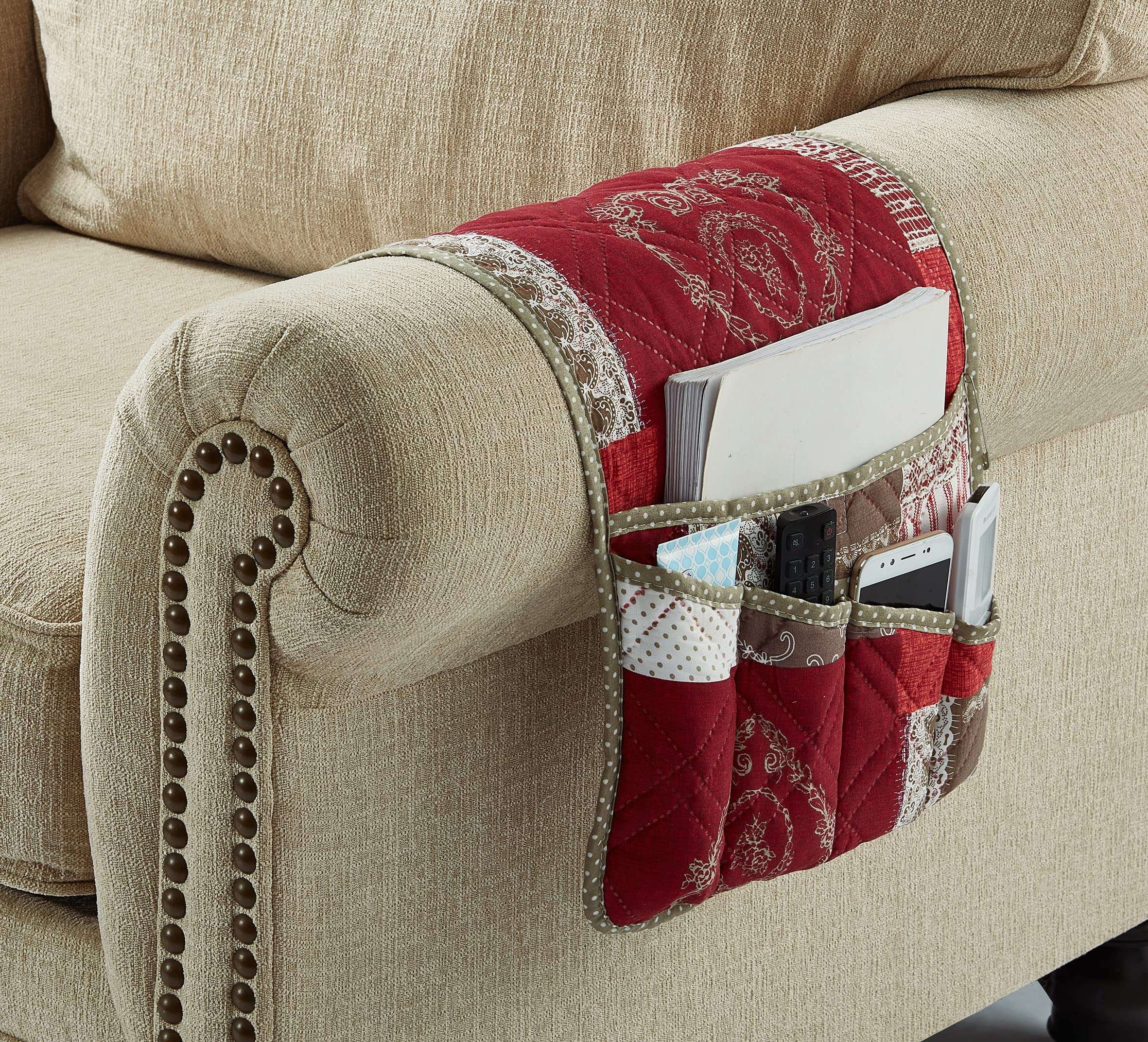 Brilliant Sunshine Toile Floral Patchwork Couch Armrest 5 Pockets Organizer, Slip Resistant Armchair Caddy, Washable Remote Controls Holder, Storage for Magazine, Tablet, iPad, 35×13", Burgundy 3