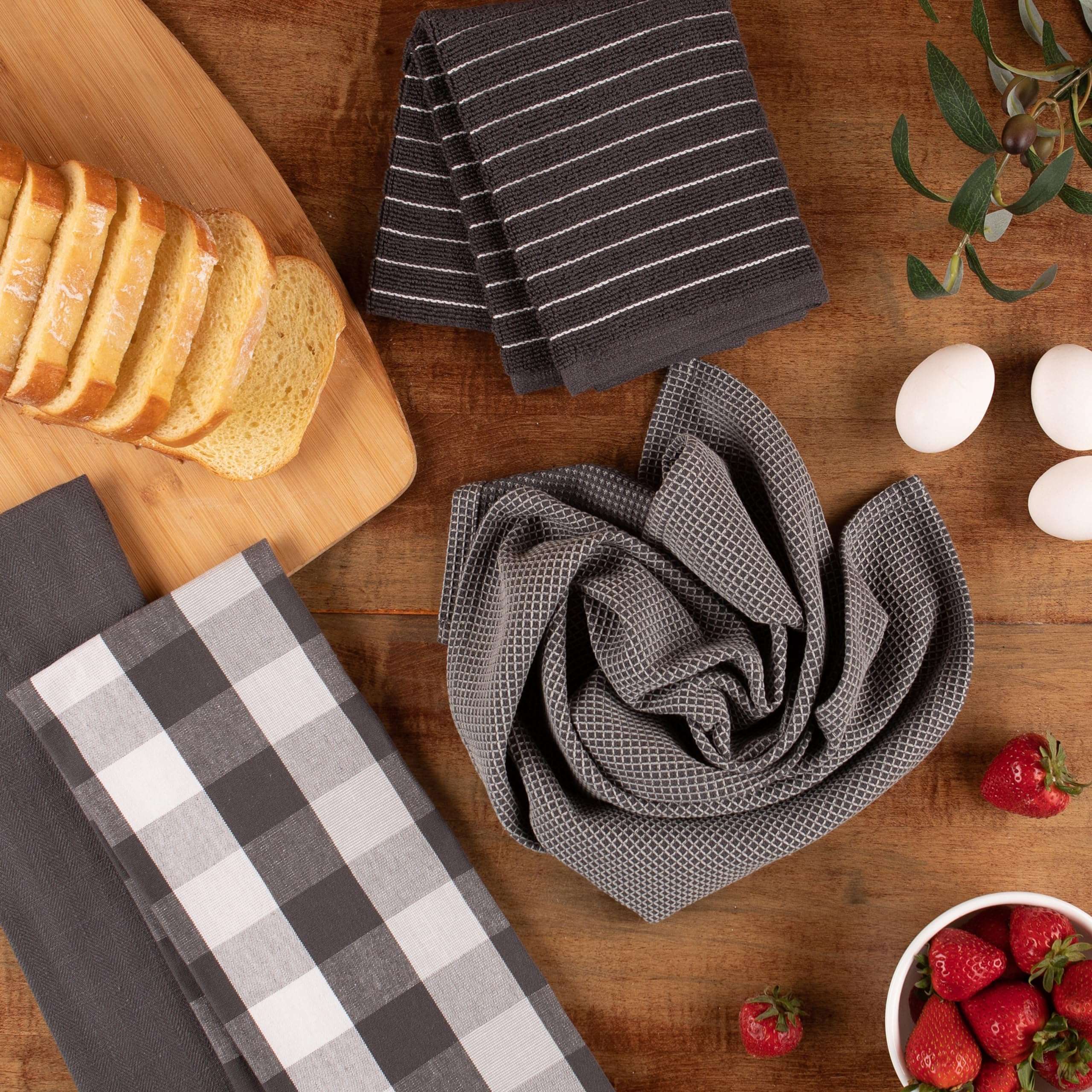 Sticky Toffee Gray Kitchen Towels 2 Pack, 100% Cotton Gray Dish Towels, Hand Towels, Tea Towels, Terry and Plaid Flat Weave Dish Towels for Drying Dishes, 28 in x 16 in 3