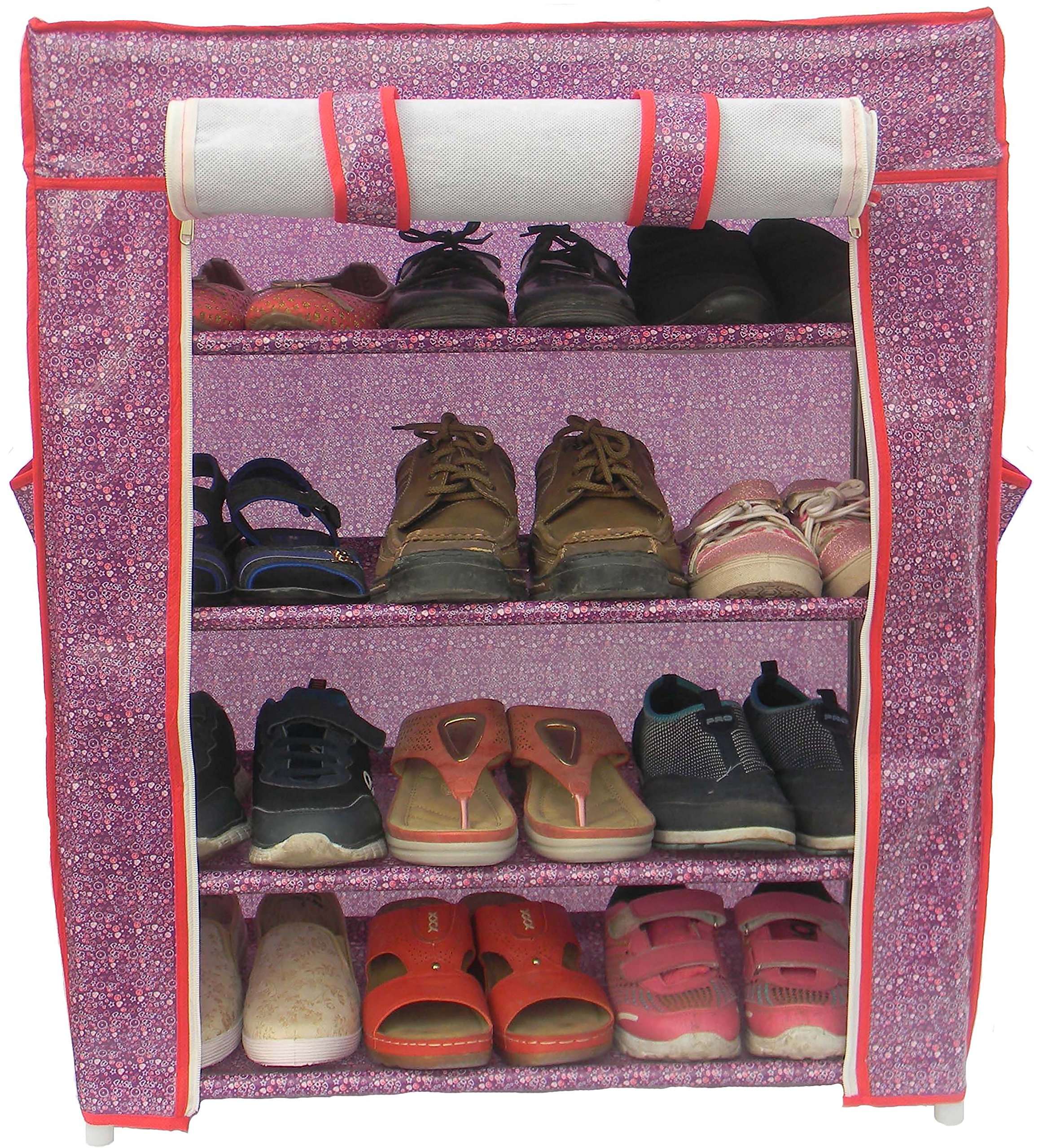 Homecute Shoe Rack 4 Layer with Cover, Collapsible, Portable, Movable, Cloth Cabinet, Organiser and Almirah Types, Steel Metal Pipe, Plastic and Non-Woven Fabric (Colour- Violet Little Heart) 2