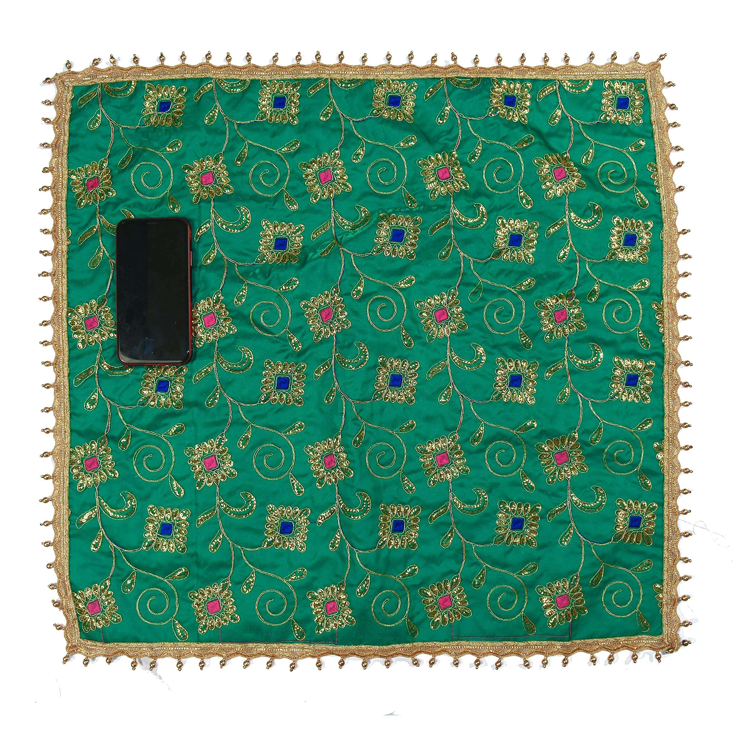 DLC 24 x 24 inch Large Multipurpose Altar Cloth, Green Puja Cloth for Decoration, Golden moti Drop Silk mat for Home Temple, Kite Pooja aasan with Heavy Work