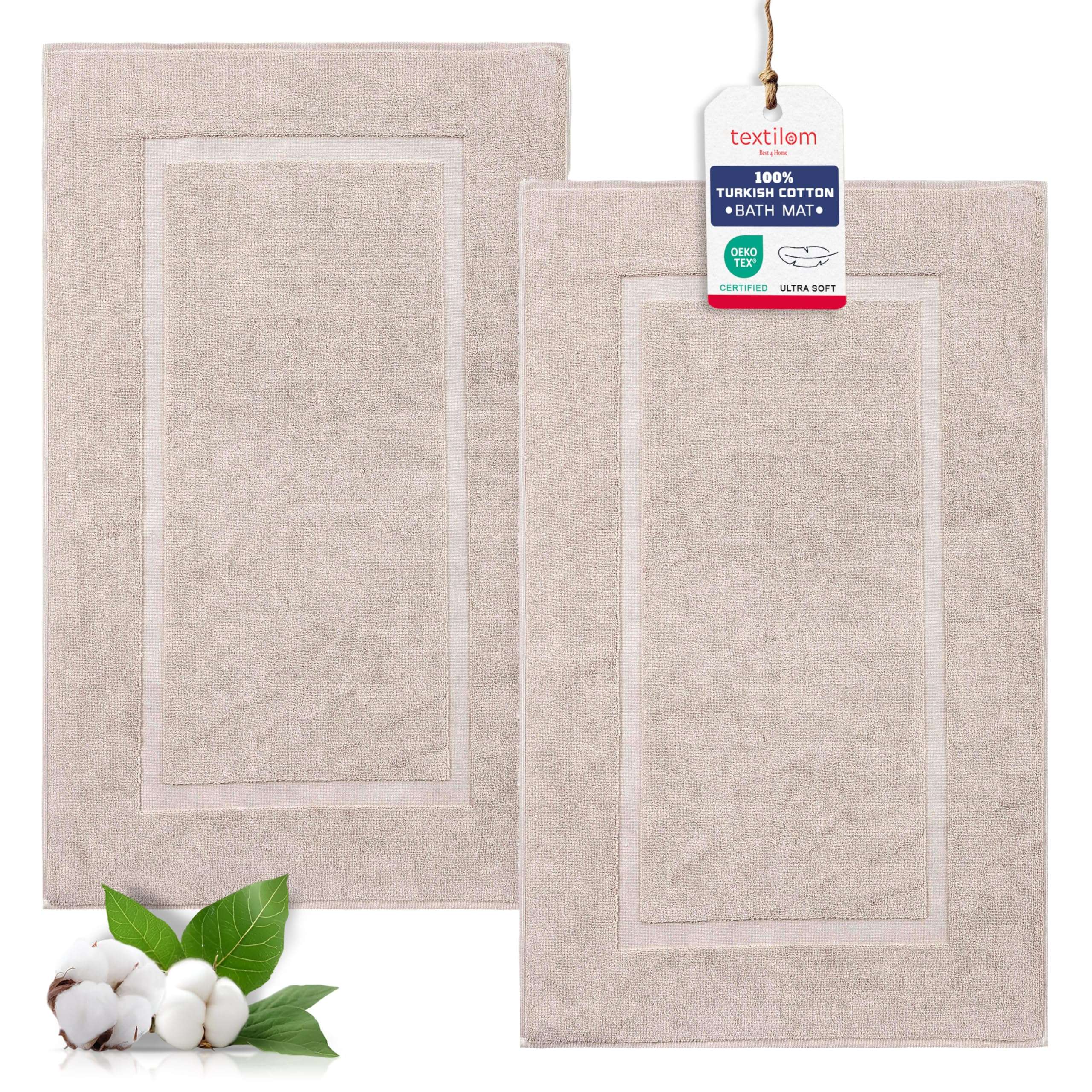 TEXTILOM Luxury 2 Pack Banded Cotton Bath Mats for Bathroom Floor [ Hotel, Spa, Tub, Shower Bath Mat Floor Towel Set ], Machine Washable & Soft & Absorbent & Quick Dry (20''x34'')- Beige 1