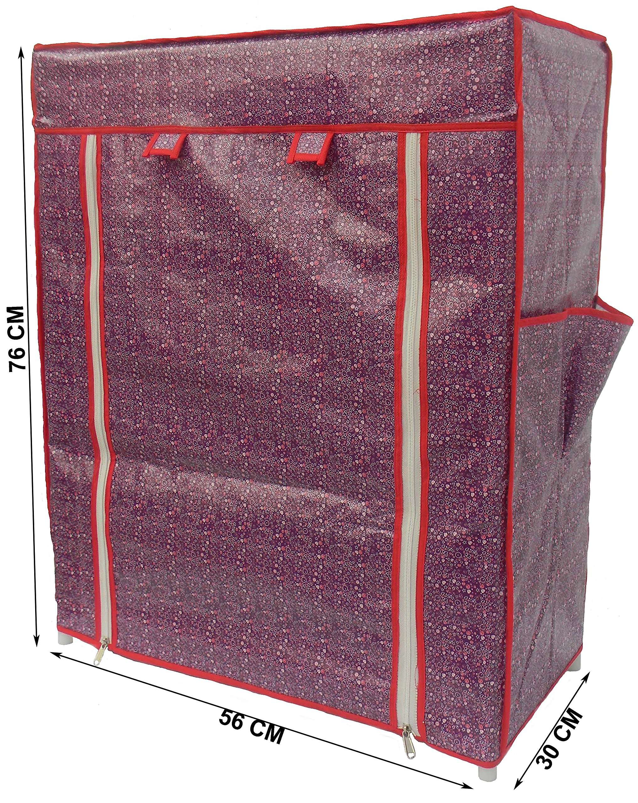Homecute Shoe Rack 4 Layer with Cover, Collapsible, Portable, Movable, Cloth Cabinet, Organiser and Almirah Types, Steel Metal Pipe, Plastic and Non-Woven Fabric (Colour- Violet Little Heart) 4