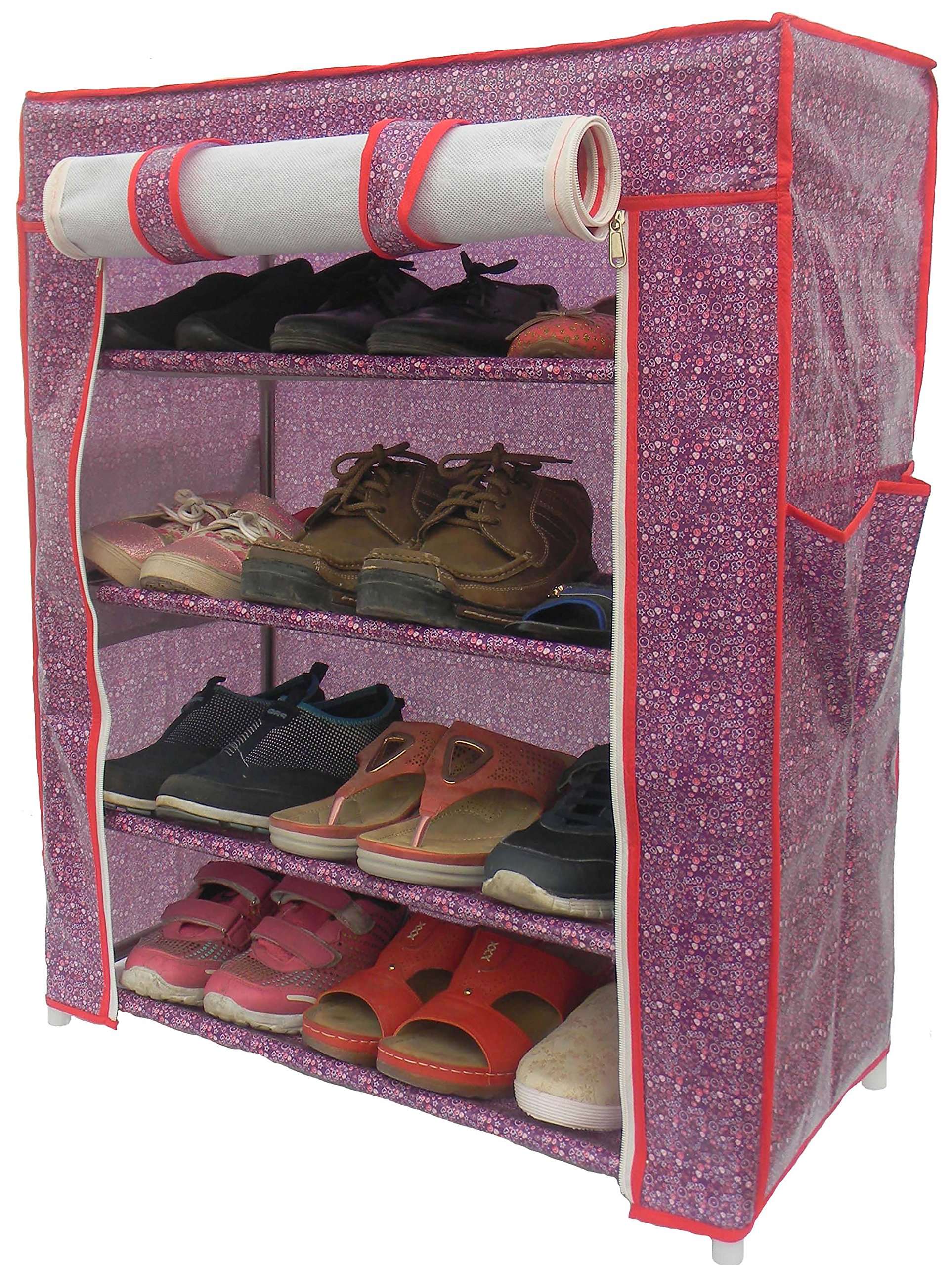 Homecute Shoe Rack 4 Layer with Cover, Collapsible, Portable, Movable, Cloth Cabinet, Organiser and Almirah Types, Steel Metal Pipe, Plastic and Non-Woven Fabric (Colour- Violet Little Heart) 3