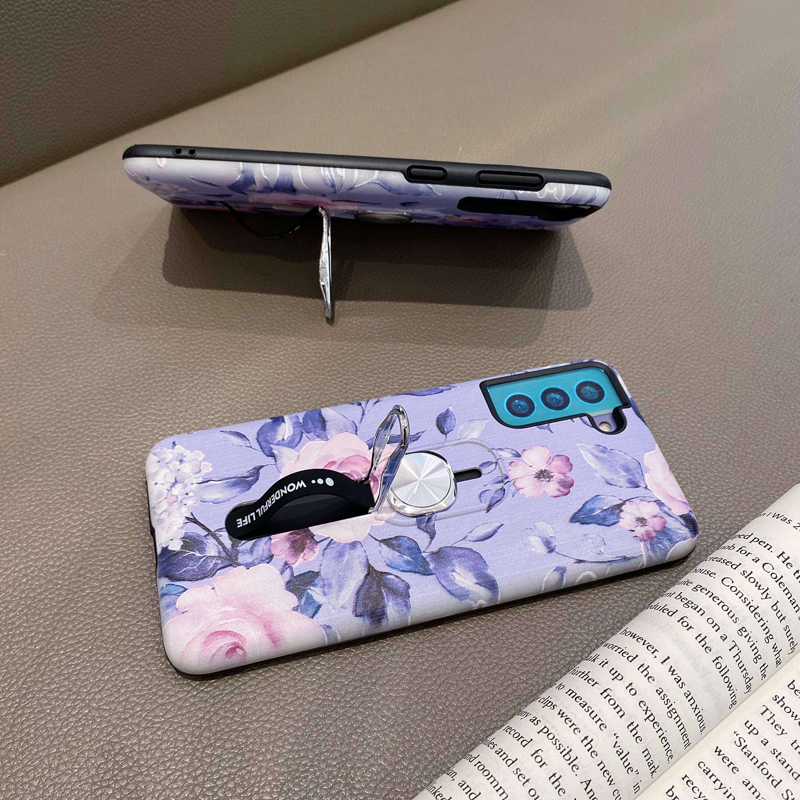 Hosgor Samsung Galaxy S21 5G Case for Girls, Floral Print Kickstand Finger Grip Design Rugged Shockproof Slim Soft TPU + PC Dual Layer Ring Strap Cover for Galaxy S21-6.2 inch(Blue) 3