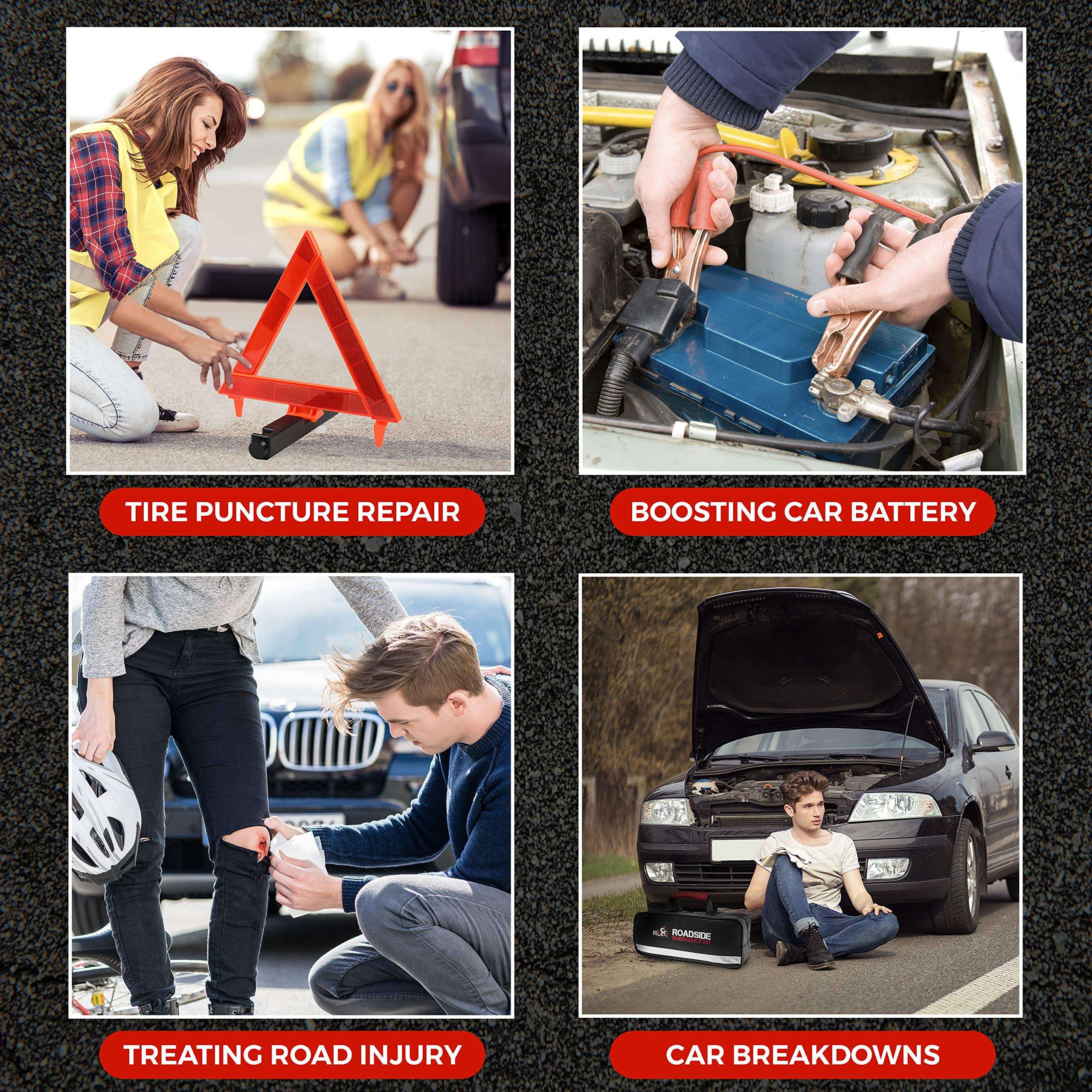 Kolo Sports Roadside Emergency Car Kit - 156-Piece Multipurpose Emergency Pack with Automotive Tools and First Aid Kit - Car Tool Kit Includes Heavy-Duty Jumper Cables and Tire Pressure Gauge 6