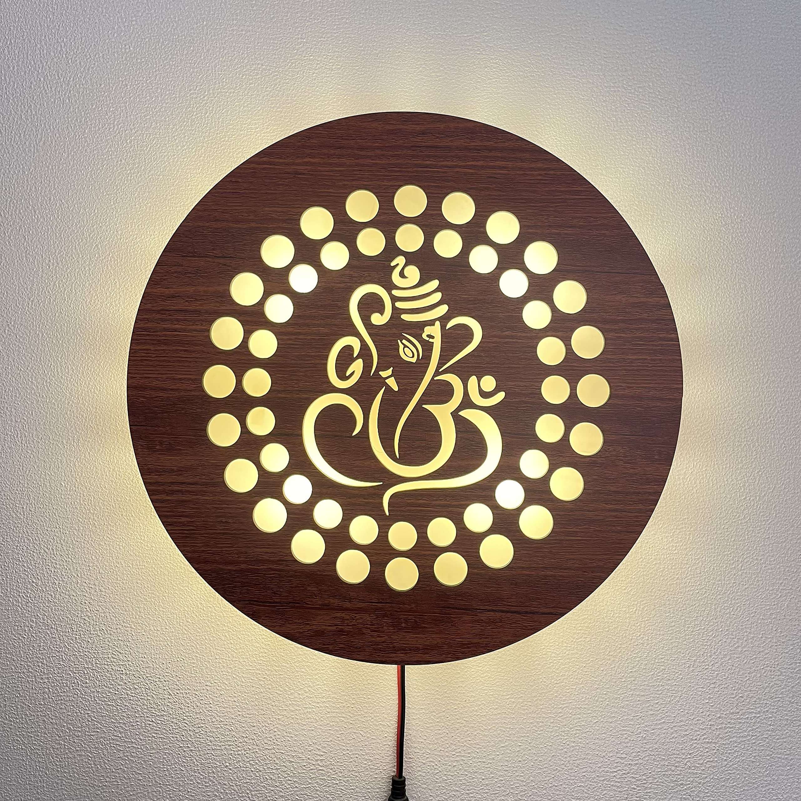 BAPUBEBE Lord Ganesh Sticker 3D Wall Art Photo Design Ganpati Wall Hanging LED Light Table Lamp Idol for Decoration, Gift, Home, Decor, Main Door Entrance, Hall, Mandir, Bedroom Wooden Size 12*12 Inch Piece of1 (GANESH DESIGN 1) 3