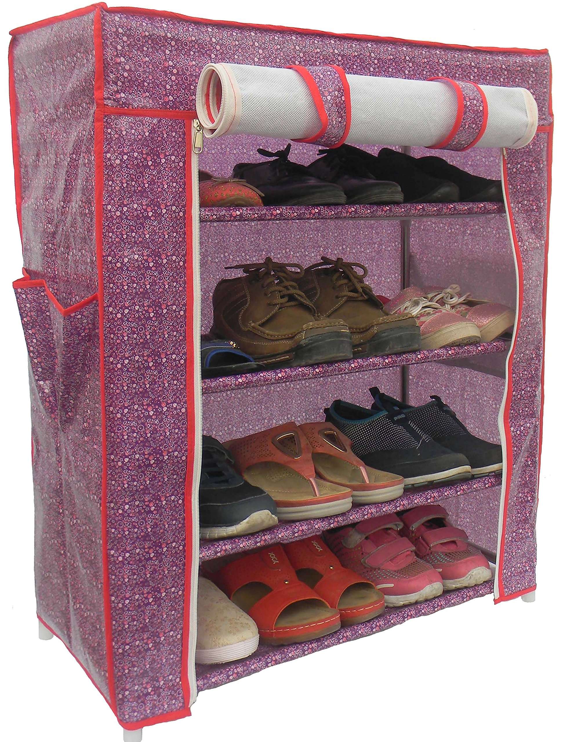 Homecute Shoe Rack 4 Layer with Cover, Collapsible, Portable, Movable, Cloth Cabinet, Organiser and Almirah Types, Steel Metal Pipe, Plastic and Non-Woven Fabric (Colour- Violet Little Heart) 1