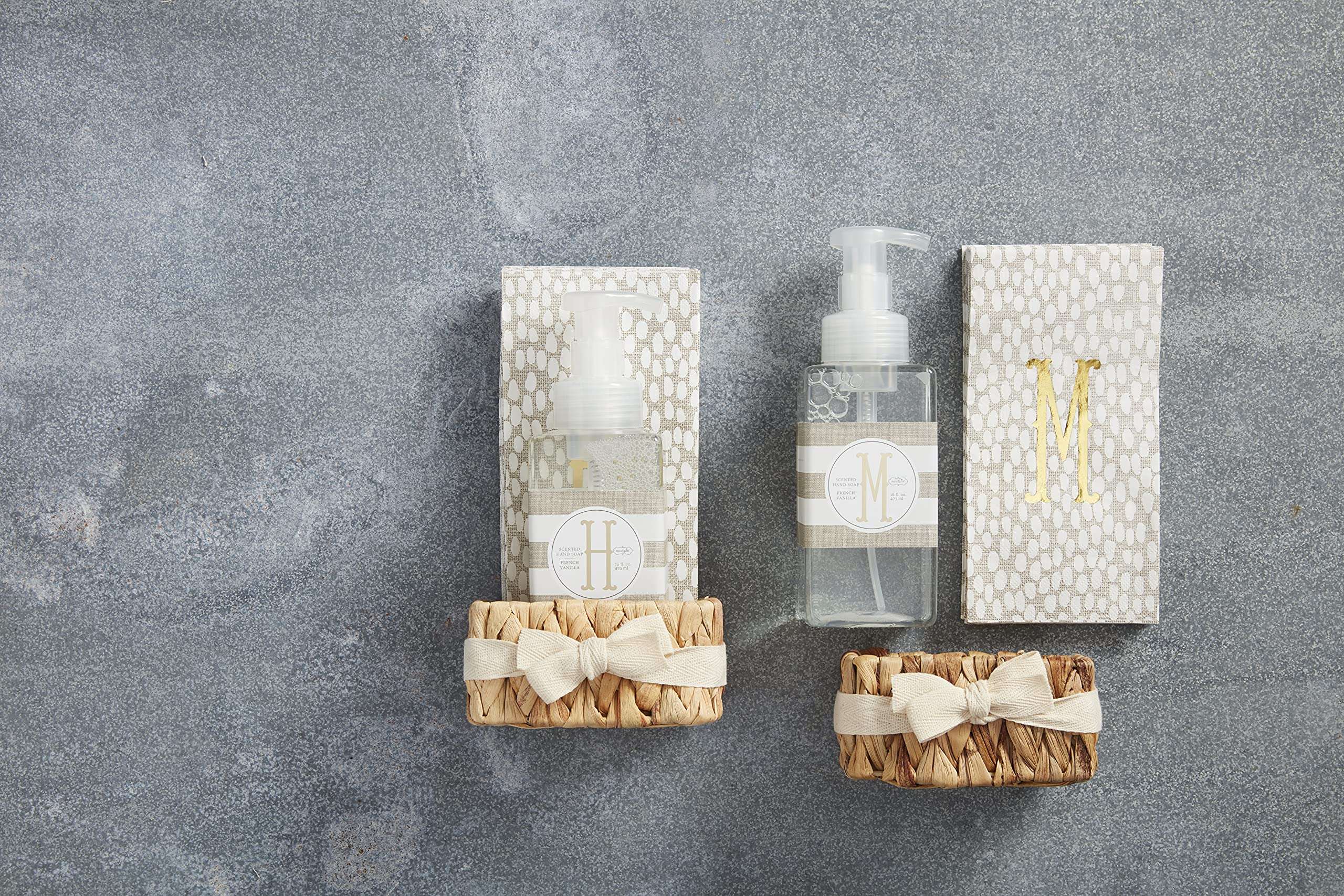 Mud Pie, Letter W Initial French Vanilla Scented Hand Towel Set, soap 17 oz | Napkins 7 3/4" x 4" | Basket 2 1/2" x 4 1/4" x 3 1/2" 4