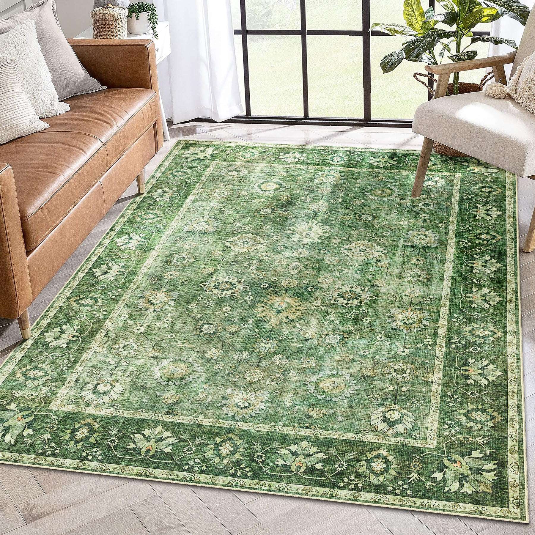 COLORPAPA Green Area Rug 3x5, Washable Rug for Living Room Bedroom Kitchen Entryway, Boho Throw Rug Low-Pile, Floral Distressed Carpet Non-Slip 2