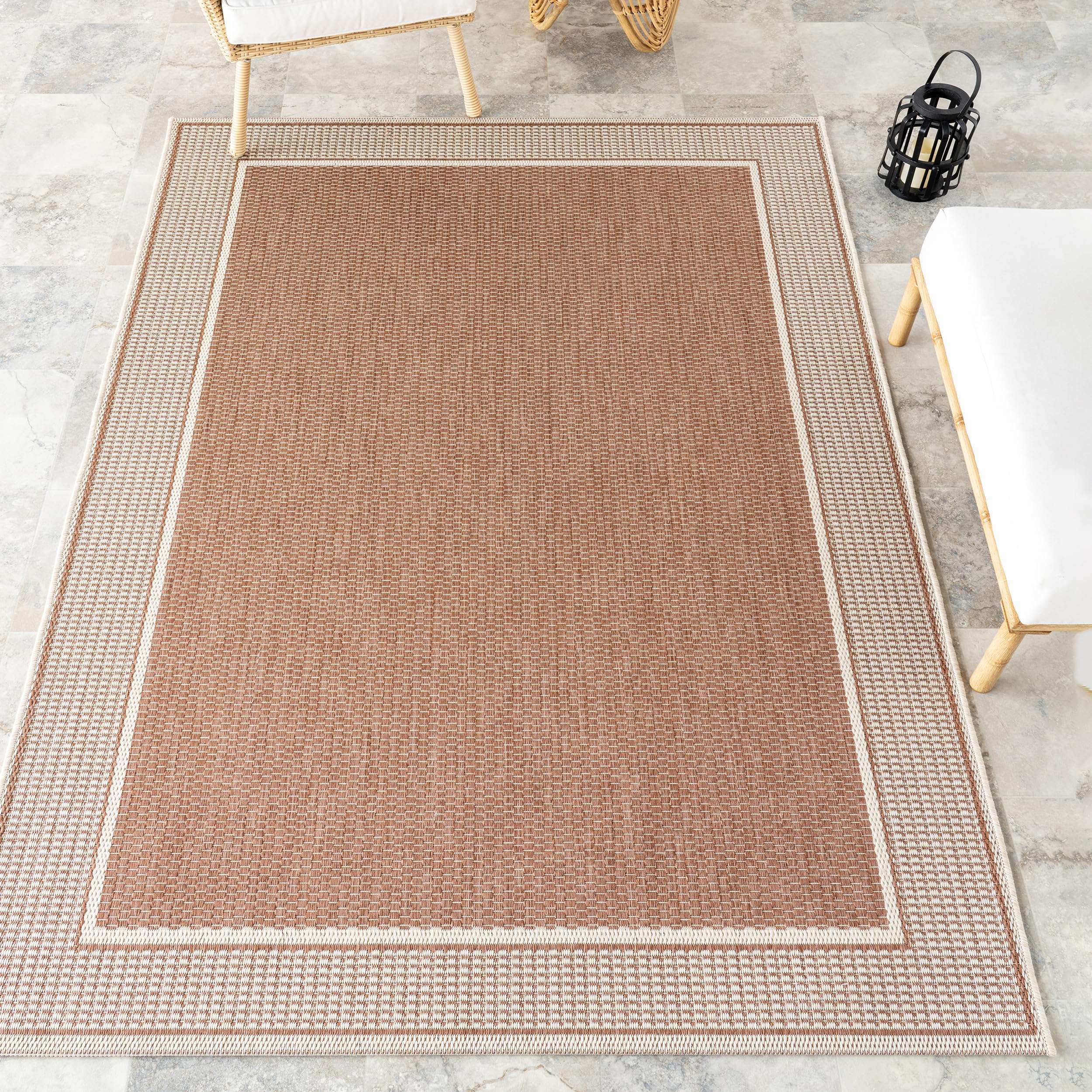 nuLOOM Gris Bordered 4x6 Indoor/Outdoor Area Rug for Living Room Patio Deck Front Porch Kitchen, Brown/Beige 1