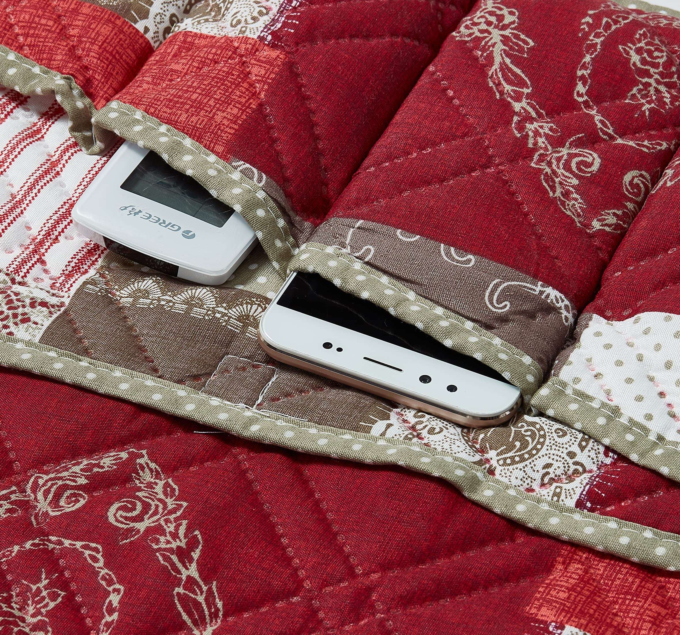 Brilliant Sunshine Toile Floral Patchwork Couch Armrest 5 Pockets Organizer, Slip Resistant Armchair Caddy, Washable Remote Controls Holder, Storage for Magazine, Tablet, iPad, 35×13", Burgundy 6