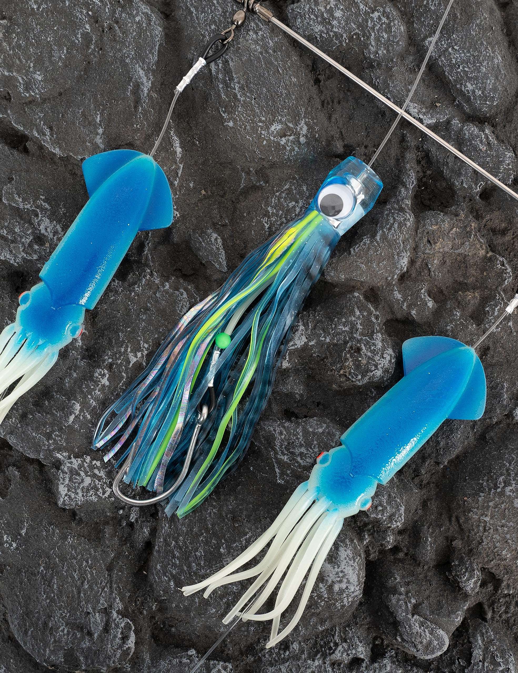 BLUEWING 18in Fishing Soft Squid Spreader Bar Offshore Fishing Spreader Bar with 9in Soft Squid and Big Game Trolling Lure for Wahoo Tuna Marlin Mahi Mahi, Blue 3