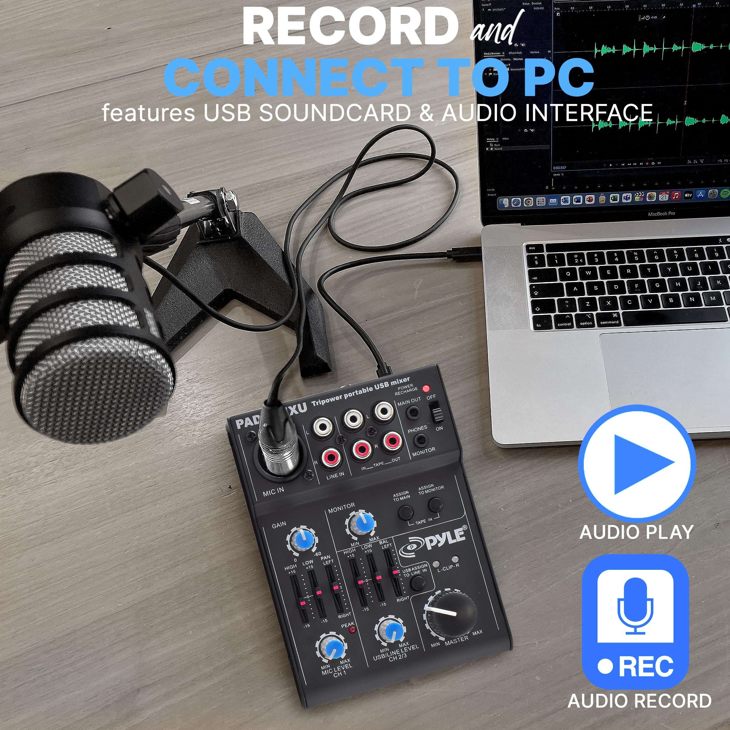 Pyle 5-Channel Rechargeable Mini Portable Audio Mixer – Compact Music Mixer DJ Controller with USB Interface, Slider EQ Controls, XLR Combo Mic Input, Rechargeable Battery, USB/Line/Master Controls 5